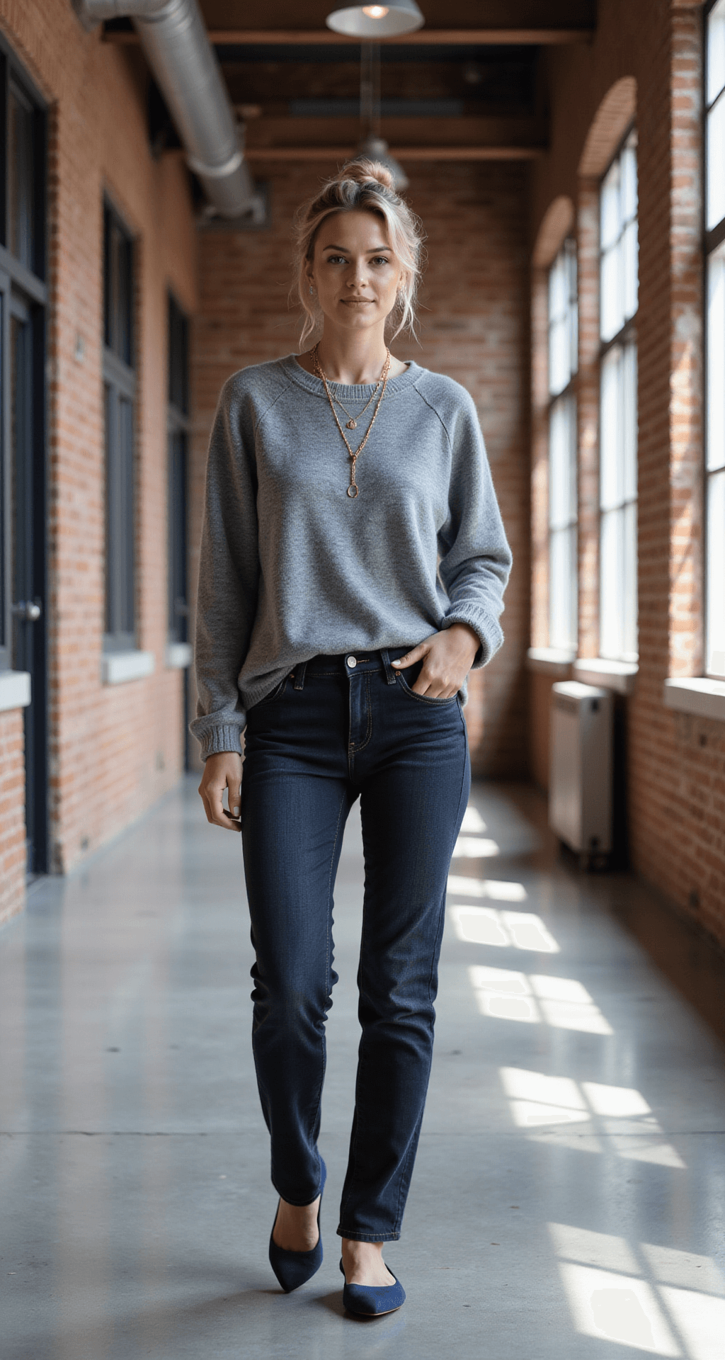 A confident professional in dark wash jeans and a loose grey cashmere sweater walks through an industrial-chic office corridor with exposed brick and large factory windows, captured in a tracking shot with movement blur.