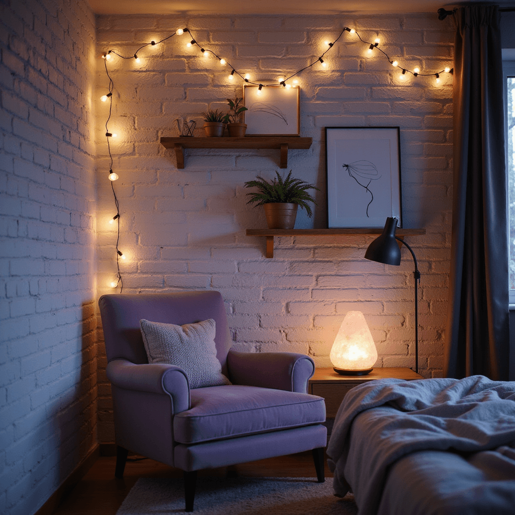 Intimate bedroom scene featuring warm fairy lights on a white brick wall, a plush lavender velvet chair in a cozy reading nook with a modern floor lamp, and a Himalayan salt lamp casting a soft pink glow on minimalist shelves with line art and potted plants.