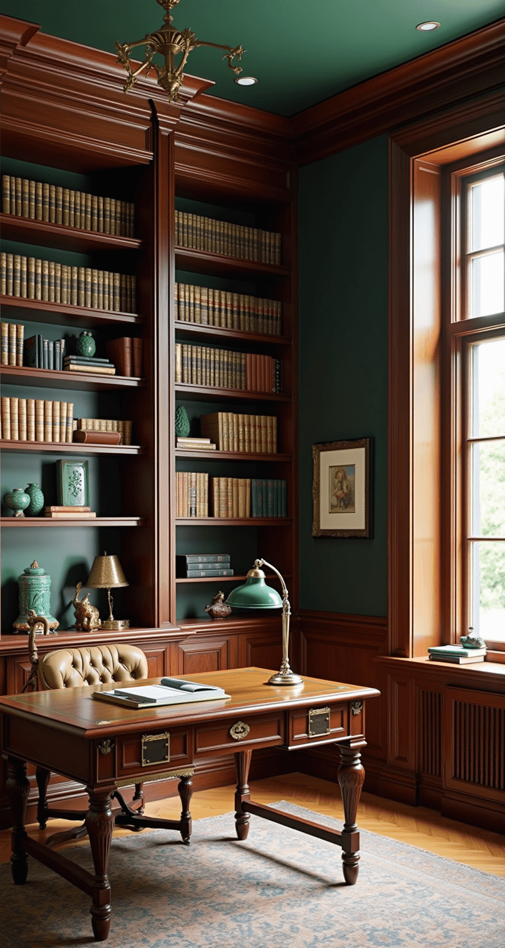 A traditional home office featuring a built-in bookcase with rich mahogany shelving, surrounded by hunter green walls and illuminated by mid-morning natural light from tall windows, showcasing leather-bound books and elegant accessories, with a classical desk at the center and herringbone hardwood floors.