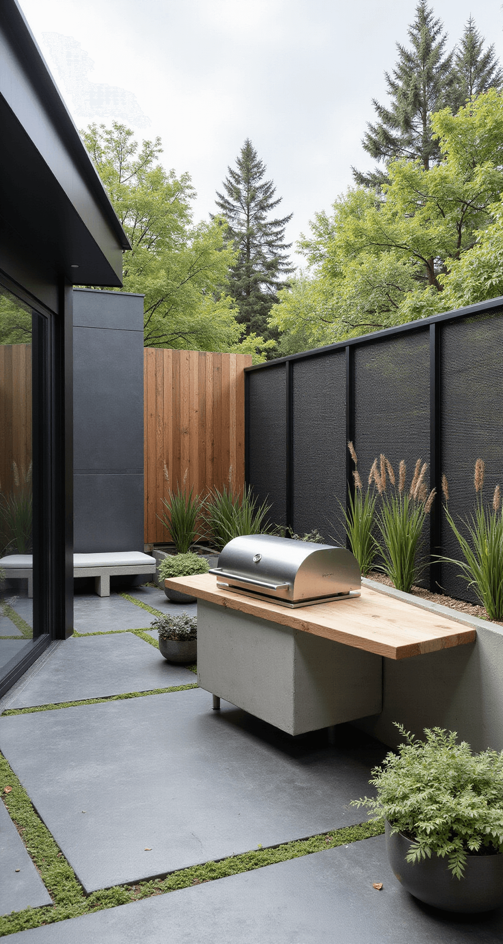 A contemporary Zen BBQ garden featuring a minimalist 12x18ft space with a floating concrete prep station, large-format slate tiles, low-profile charcoal mesh seating, steel and glass wind screens, and sculptural planters with tall grasses, captured from a low angle to highlight clean lines and natural elements.
