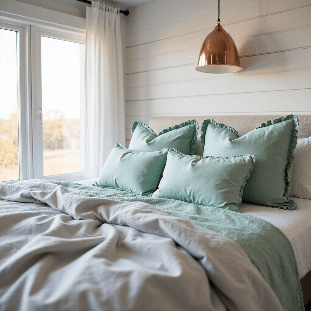 A bright corner bedroom featuring a cloud-like bed adorned with mint green and light gray pillows, a copper pendant light overhead, and textured white shiplap walls, captured during golden hour from an elevated angle.