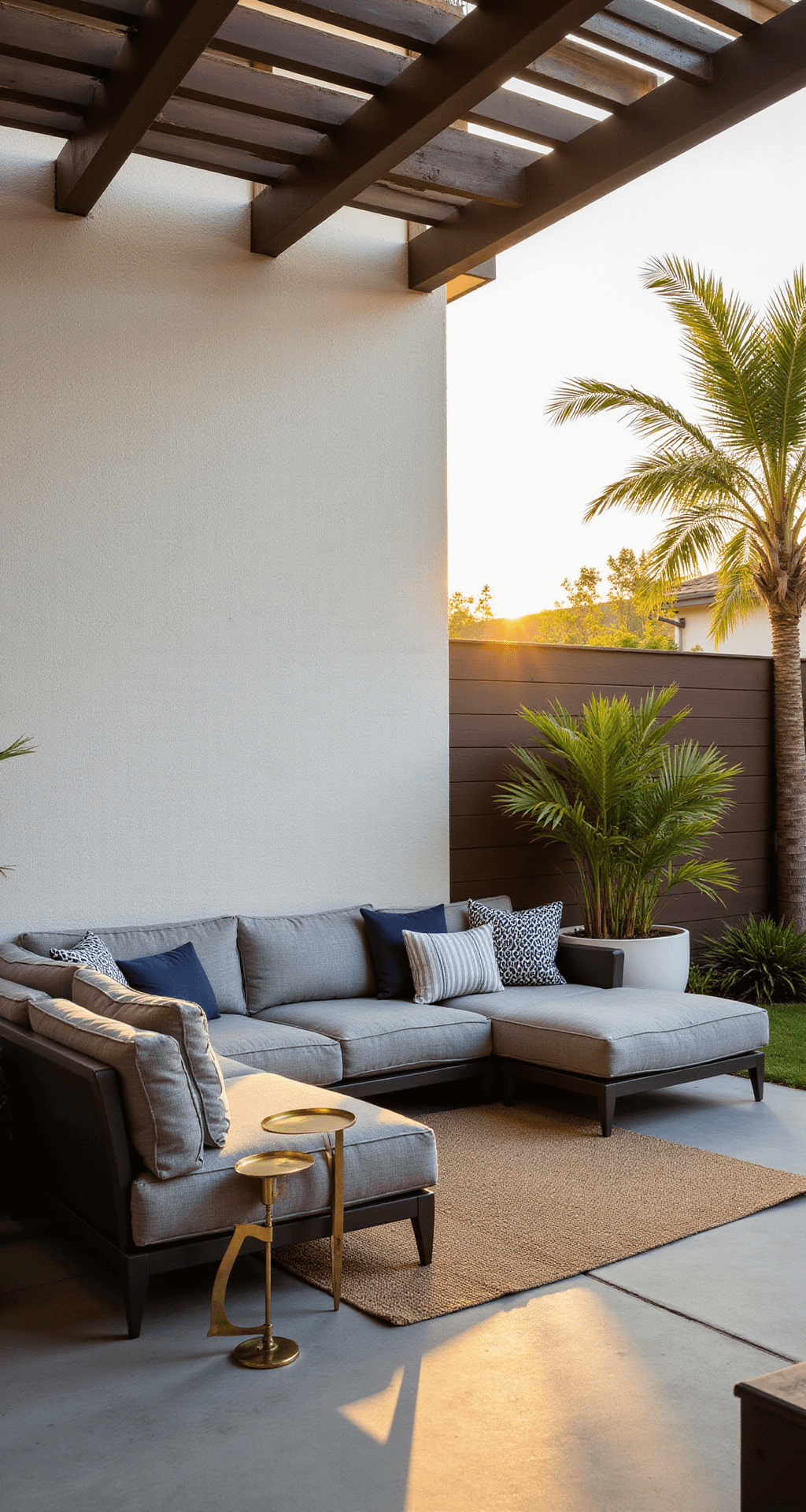 A contemporary patio at golden hour featuring a large grey L-shaped sectional sofa, navy and white striped cushions, brass accent tables, and potted palms, with sunlight filtering through pergola slats and casting shadows on a jute outdoor rug.