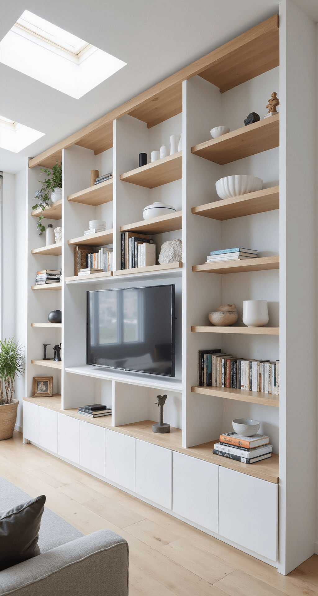Contemporary Scandinavian-style living room featuring a 16ft floating built-in bookcase with blonde wood shelving, displaying white ceramics and art books under overcast daylight from skylights, soft white walls, and pale oak floors.