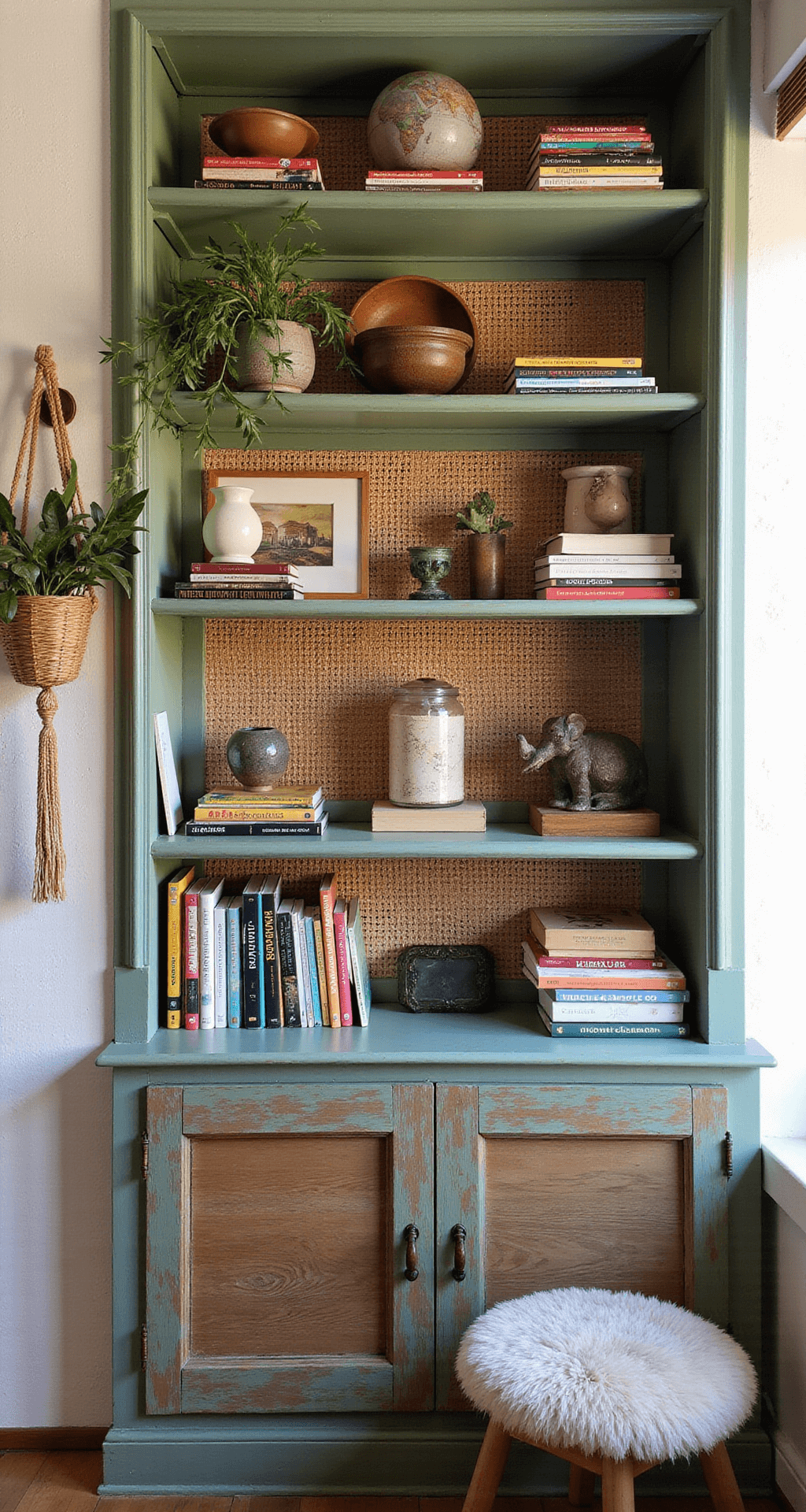 Bohemian-eclectic built-in bookcase in an artist's studio with sage green shelving, featuring colorful art books, global artifacts, hanging plants, and macramé accents, illuminated by warm late afternoon light and string lights.