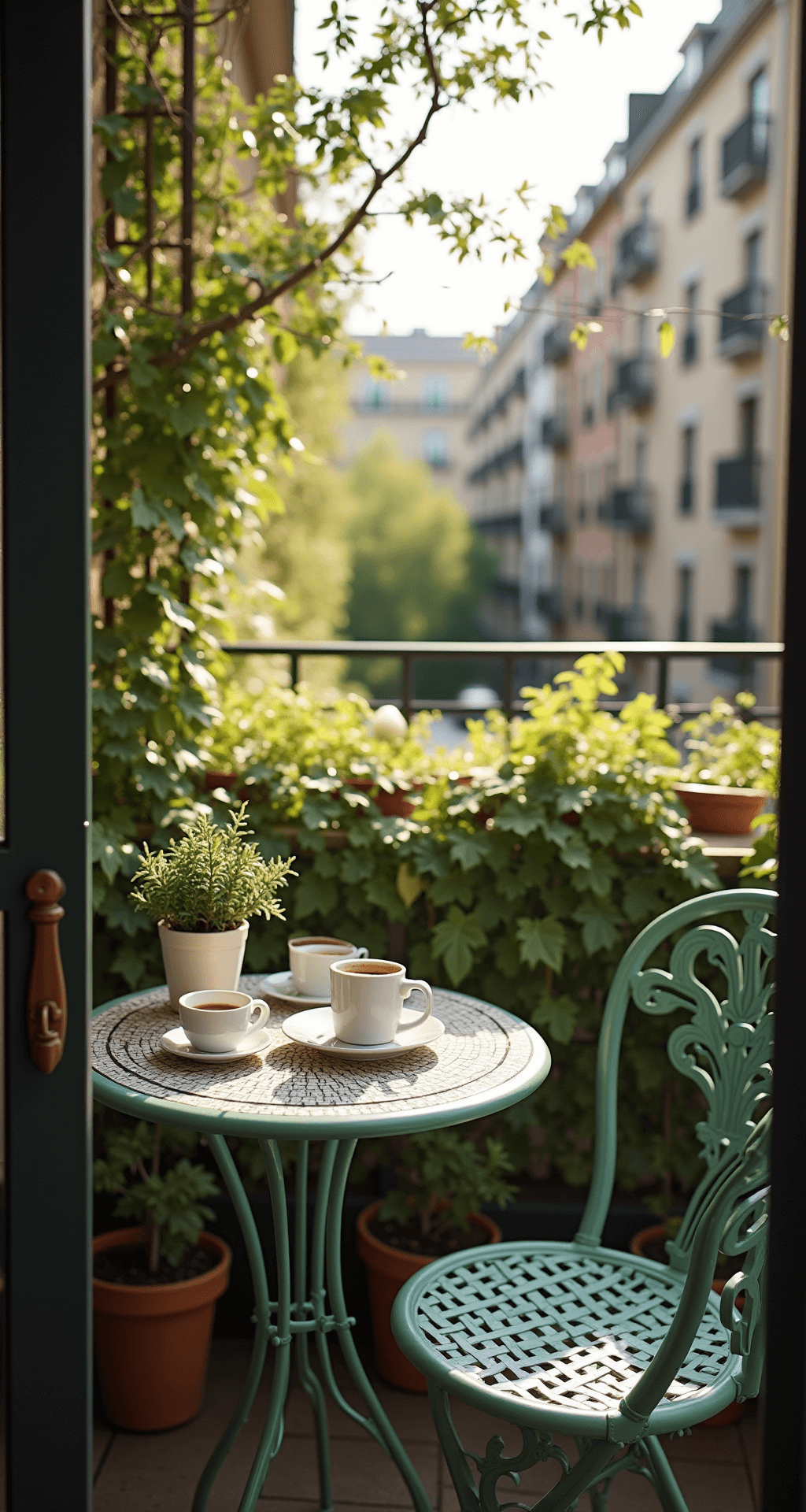 Intimate urban balcony at morning light featuring a sage green bistro set surrounded by climbing jasmine, with a mosaic tabletop adorned with white ceramic coffee cups and a small succulent arrangement, illuminated by dappled sunlight and draped string lights above.