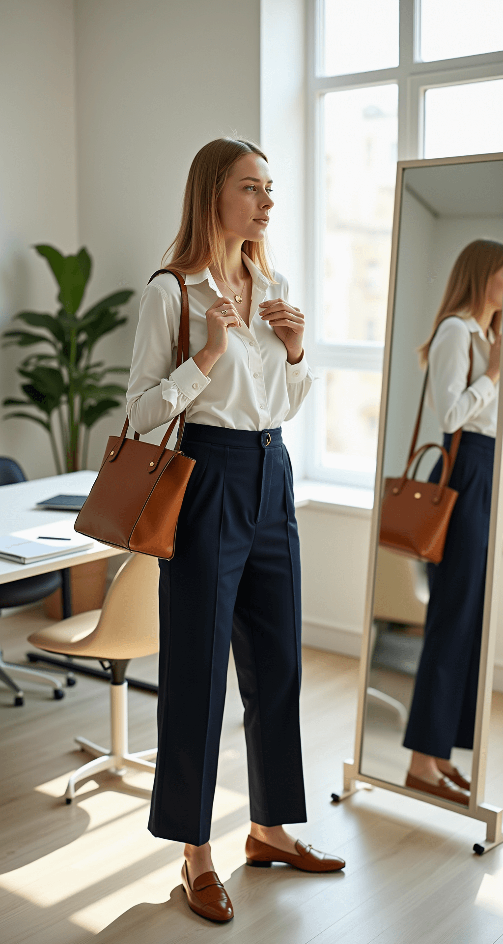 A young professional woman in a sunlit minimalist office adjusts a delicate gold necklace while standing before a full-length mirror, dressed in a white button-down and navy trousers, with natural leather loafers and a tan tote bag nearby. A neutral blazer hangs on a modern coat rack, and a soft bokeh effect highlights an organized desk setup in the background.