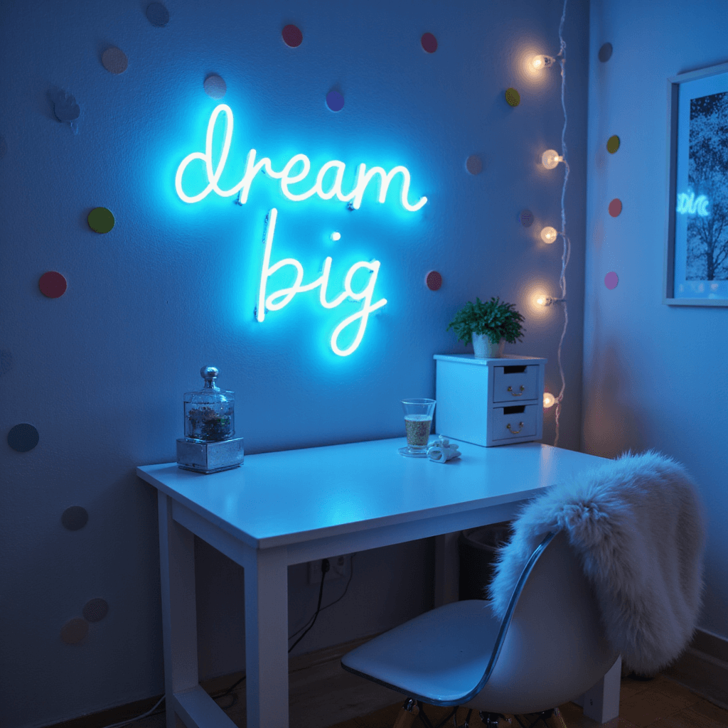 A cozy teen bedroom at dusk, featuring a glowing blue neon sign that says 'dream big' above a white desk, pastel polka dot wall decals, a lucite chair with a faux fur throw, and softly blurred string lights in the background.