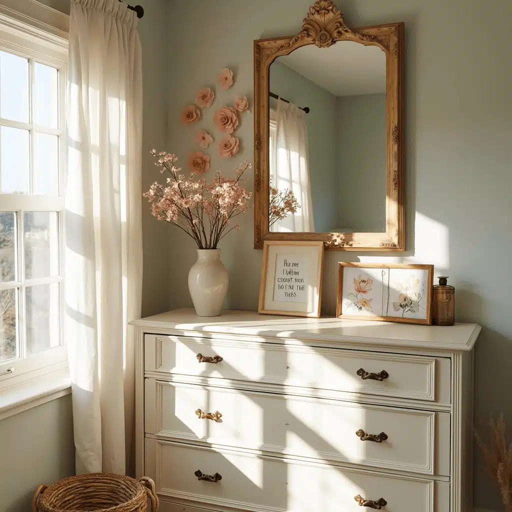 A cozy bedroom corner featuring a vintage dresser in soft cream with brass hardware, adorned with thrifted frames of pressed flowers and quotes, delicate blush paper flowers hanging above, and a large weathered gold mirror reflecting light, all captured in soft afternoon light.
