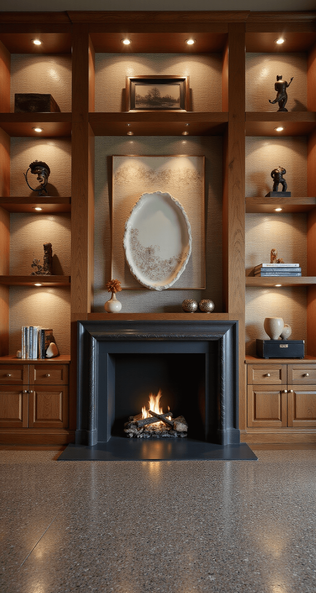 A symmetrical view of a mid-century modern great room featuring a built-in walnut bookcase with brass inlays on either side of a fireplace, illuminated by twilight lighting. The room's design includes vintage collections, abstract sculptures, and record storage, set against textured grasscloth wallpaper and terrazzo flooring, with ambient architectural up-lighting and the glow of the fire enhancing the cozy atmosphere.