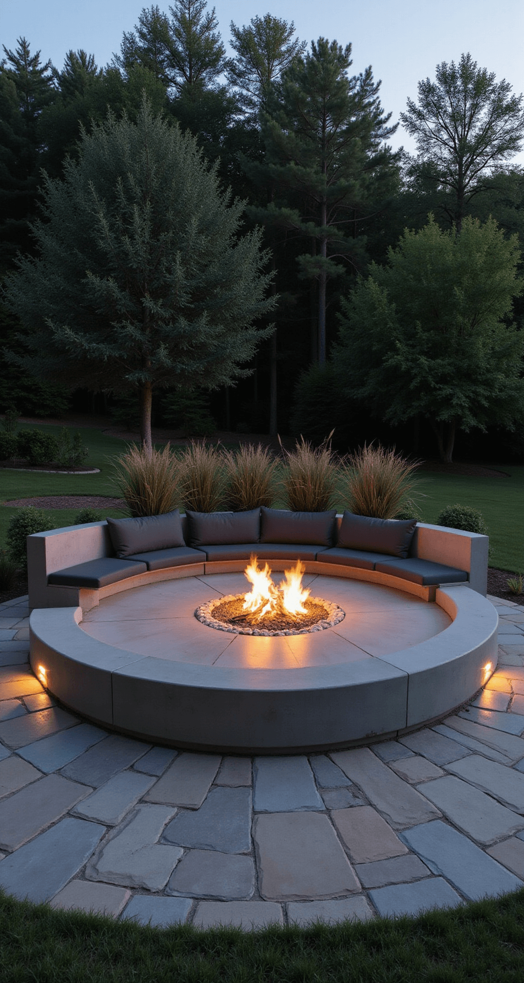 A modern curved concrete bench surrounds a circular fire pit at dusk, featuring LED uplighting, charcoal cushions, and integrated planters with ornamental grasses, set on radiating stone pavers, captured from an elevated angle.