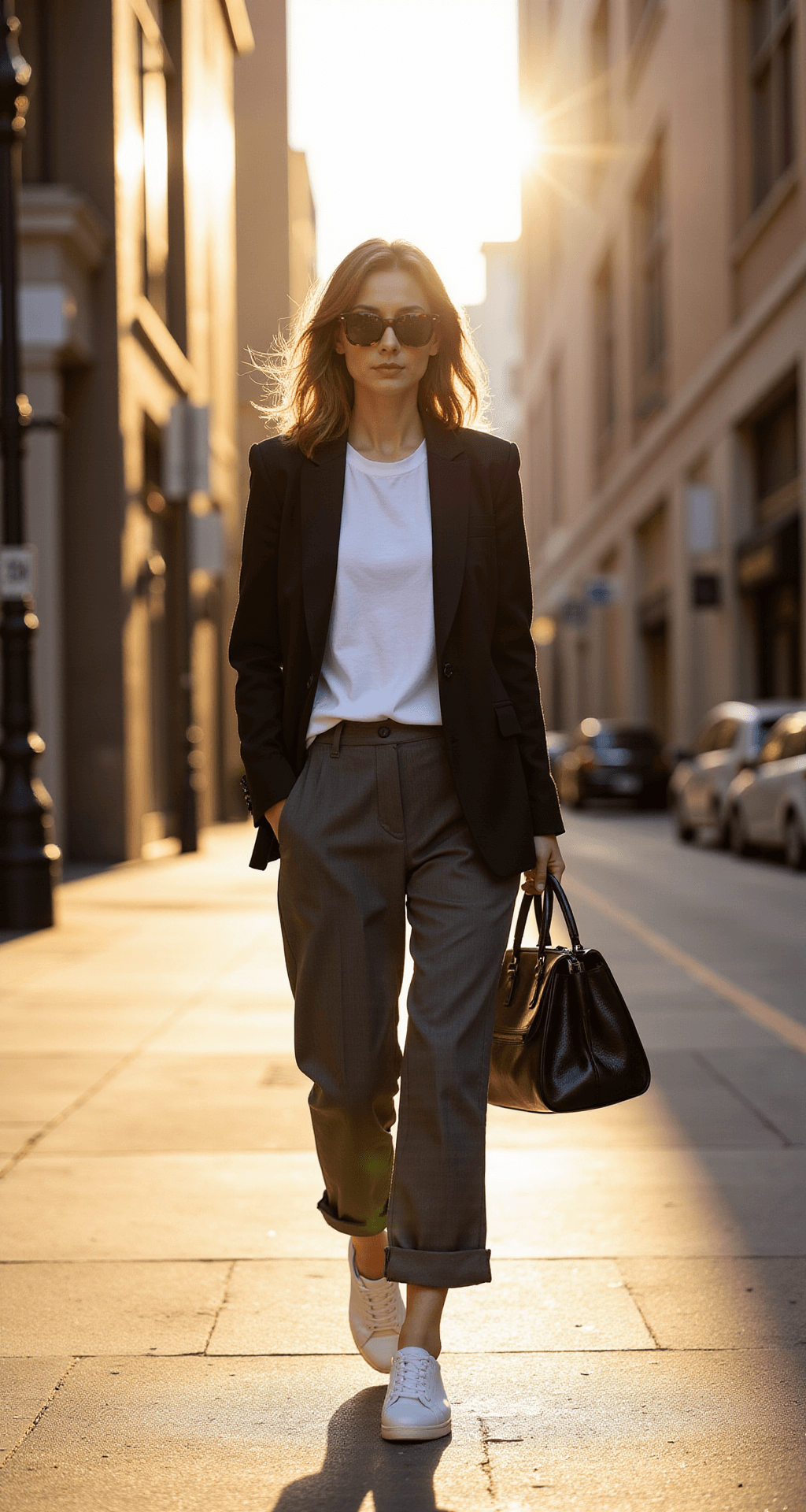 A confident fashion-forward professional in an oversized black blazer, white t-shirt, and charcoal grey cropped wide-leg pants walks through a chic downtown street corner bathed in golden hour light, with a structured leather shoulder bag and tortoiseshell sunglasses, photographed from street level with shallow depth of field highlighting urban architecture.