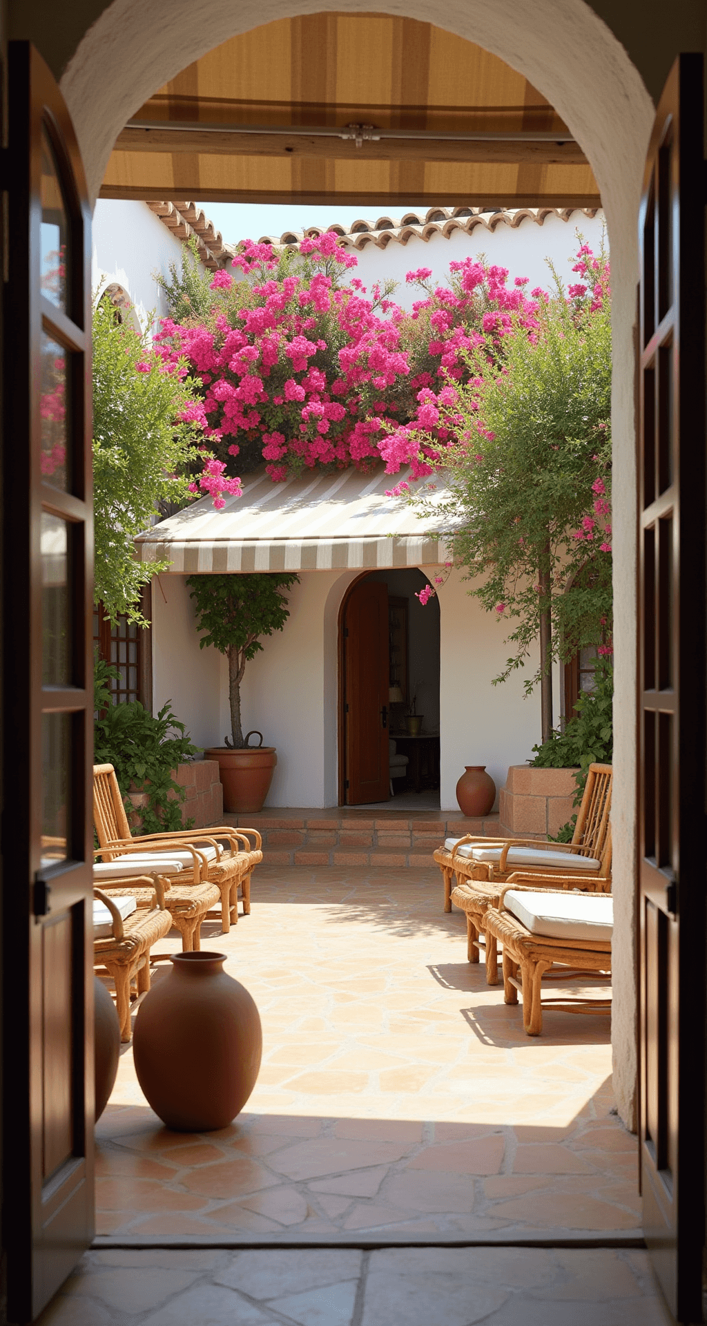 A sunlit Mediterranean courtyard with mixed seating, including teak folding chairs, terra cotta stools, and rattan loungers, under a striped canvas pergola, adorned with vibrant bougainvillea against whitewashed walls.