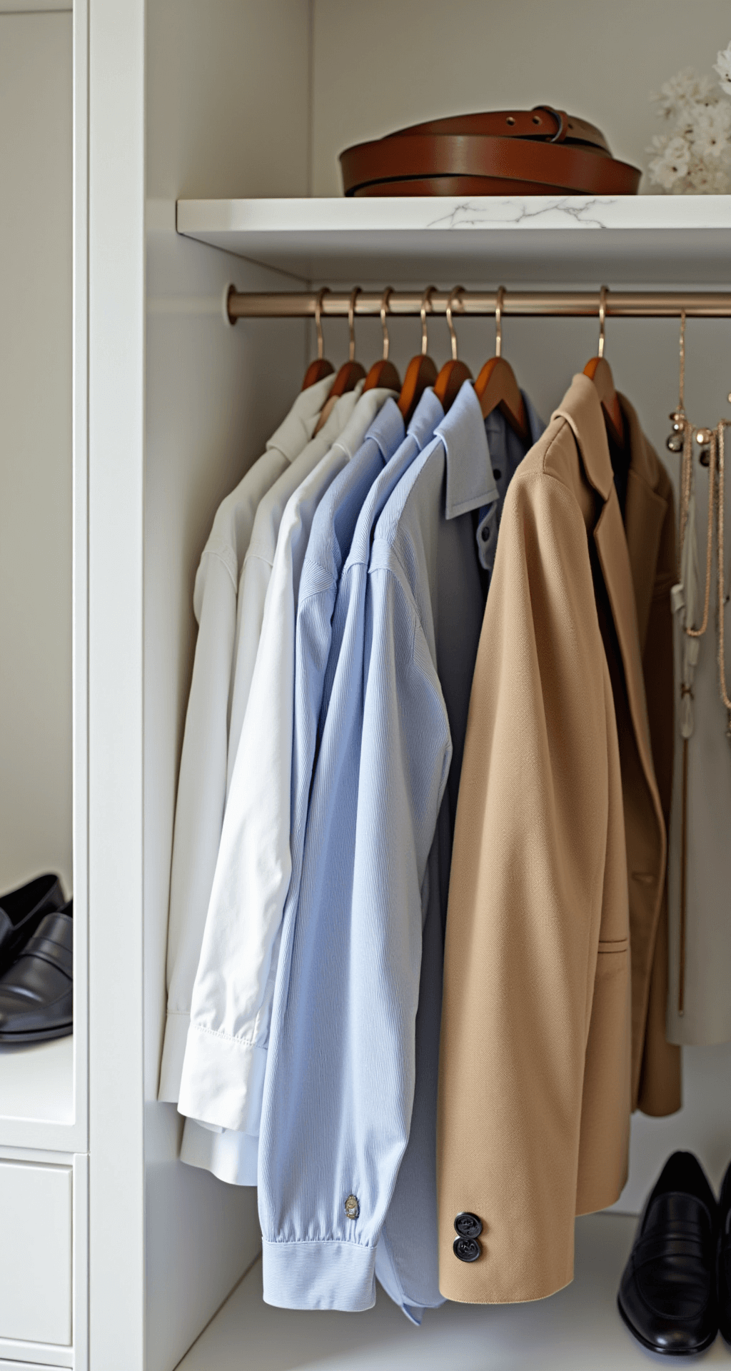 Bright walk-in closet featuring organized workwear essentials including pressed button-downs, tailored trousers, and a camel blazer. Accessories like a leather belt, gold jewelry, and black loafers are displayed on a marble shelf, illuminated by natural light.