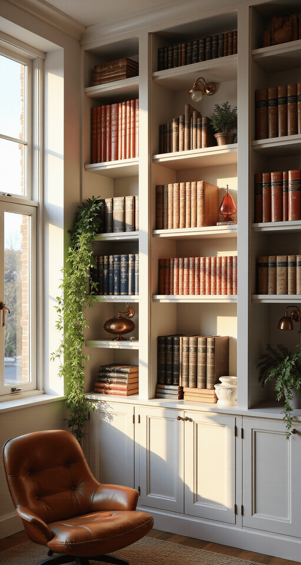 A sunlit home library featuring floor-to-ceiling white built-in bookshelves, with books arranged in a rainbow gradient. The late afternoon light streams through tall windows, illuminating a cognac leather reading chair and brass floor lamp in the foreground. Vintage sconces add warmth, while trailing plants and artistic bookends enhance the cozy atmosphere. The color palette includes cream, woodland greens, rich browns, and jewel tones.