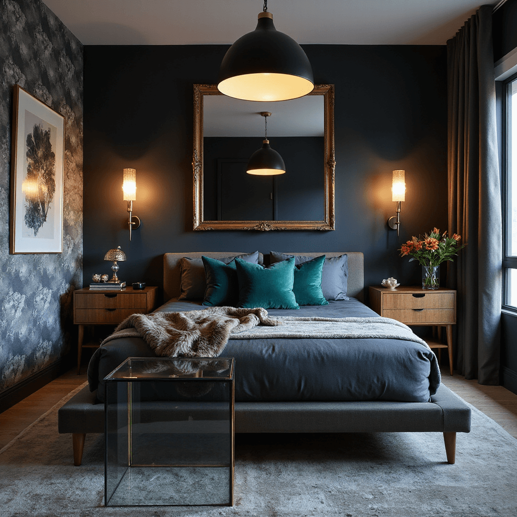 Sophisticated boudoir featuring mid-century modern and Hollywood glam elements, captured during blue hour with dramatic lighting from a black and brass pendant light, showcasing a platform bed dressed in charcoal linen and jade velvet pillows, an oversized antiqued mirror, walnut veneer nightstands, modern sconces, geometric wallpaper, and a glass and brass vanity vignette.