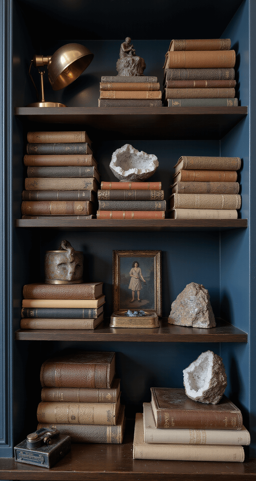 Intimate study corner featuring a moody bookshelf vignette with art books, bronze sculptures, and geodes, illuminated by a vintage desk lamp. The scene showcases detailed styling with copper bookends, oil paintings, and vintage cameras against deep navy walls, highlighting rich textures and a warm color palette.