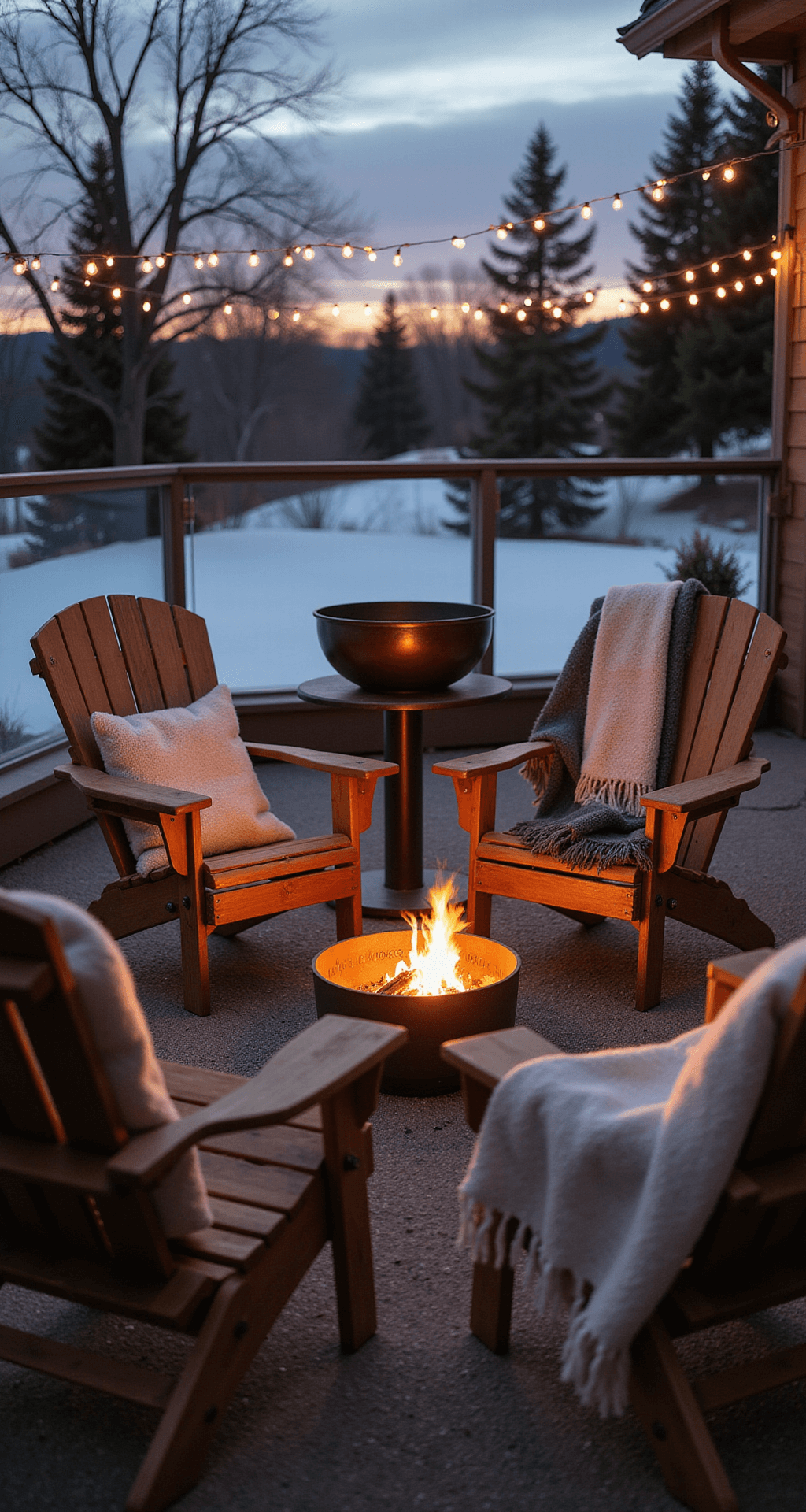A cozy winter patio at twilight featuring deep-seated wooden Adirondack chairs arranged around a glowing copper fire bowl, draped with cream and charcoal wool throws, protected by glass wind barriers, and illuminated by warm string lights with a focus on firelight reflections.