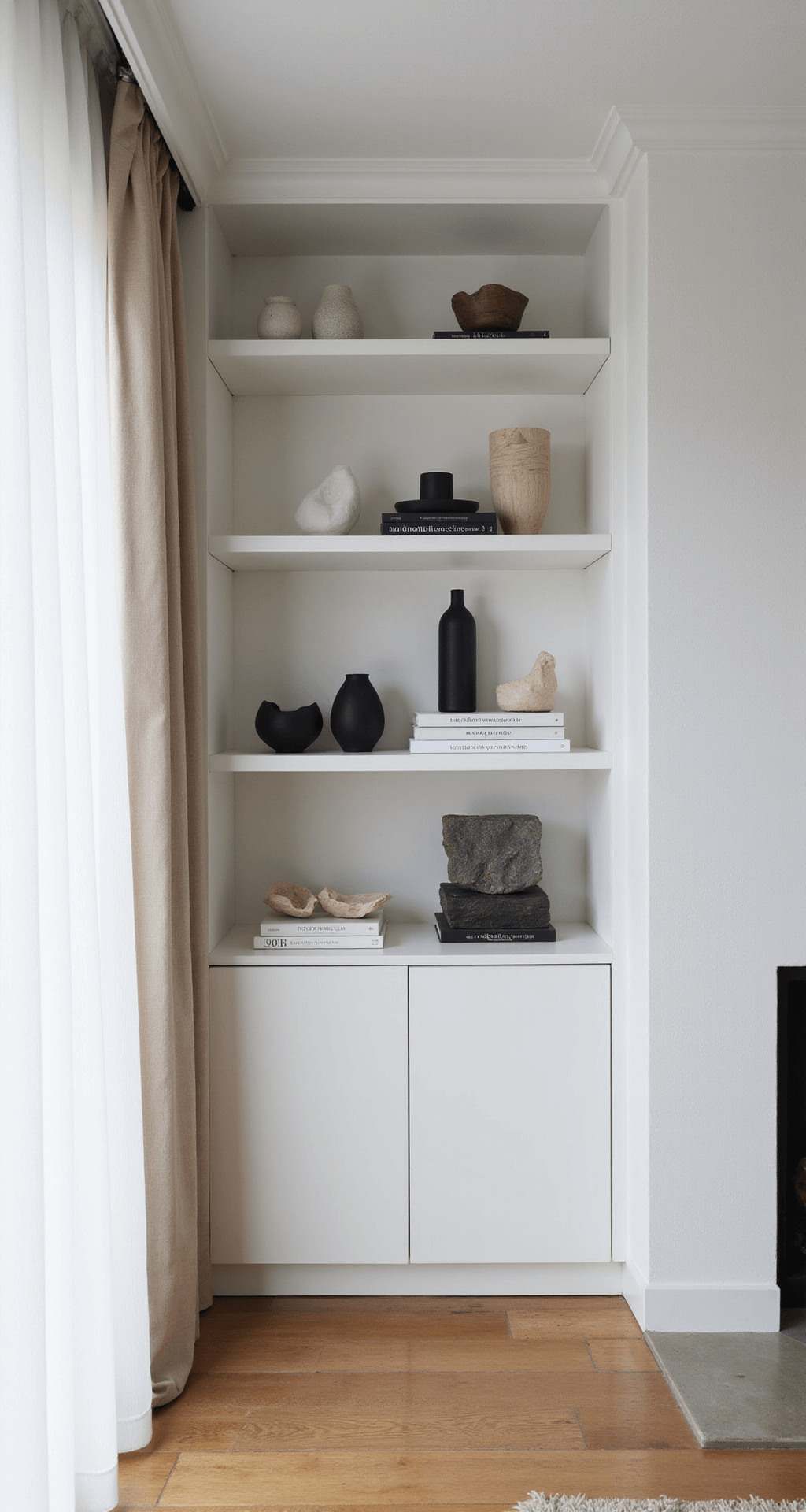 A minimalist Scandinavian-style built-in bookcase features clean-lined white shelving showcasing modern ceramic vessels, black and white art books, and architectural models, all illuminated by soft morning light through sheer curtains in a bright 15x18ft living room.