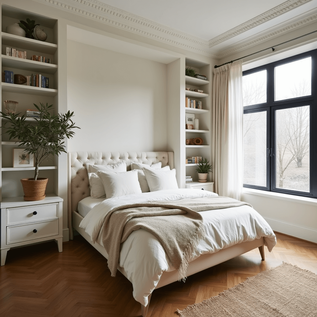 A high-angle shot of a minimalist sanctuary featuring crown molding and herringbone floors, with a cloud-like bed ensemble in ivory and cream, organic linens, and cashmere throws. Built-in warm white bookshelves frame a tufted headboard, while a potted olive tree adds an organic touch. Black-framed windows contrast against the light walls, and a handwoven jute rug adds natural texture.