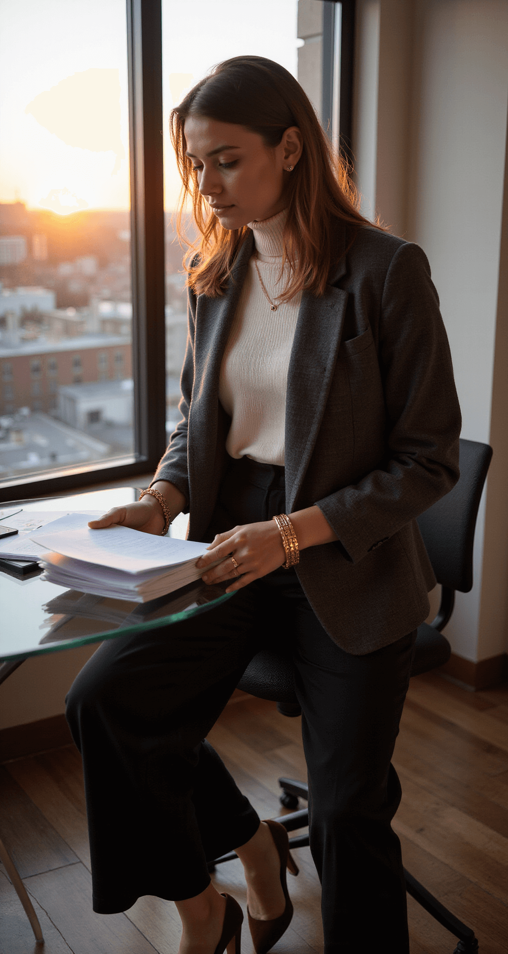 A woman in a cream turtleneck and charcoal blazer stands at a modern glass desk, arranging documents in a cozy corner office during a winter sunset. Her high-waisted black trousers and burgundy block heels complement her professional silhouette. The warm light highlights her gold bracelet, while the side profile showcases a city backdrop.