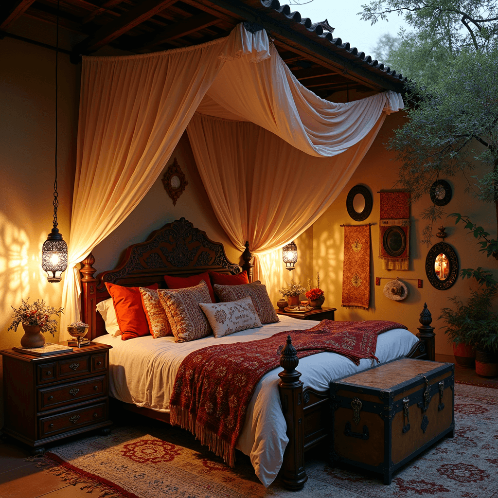 A Bohemian luxe retreat at dusk showcasing a draped fabric canopy over a carved wooden bed, adorned with a vintage Moroccan wedding blanket, silk pillows in jewel tones, and embroidered throws. Pendant lights with pierced metalwork create intricate shadows, while a gallery wall displays global textiles and mirrors. A vintage trunk serves as a nightstand, styled with brass objects and trailing plants.
