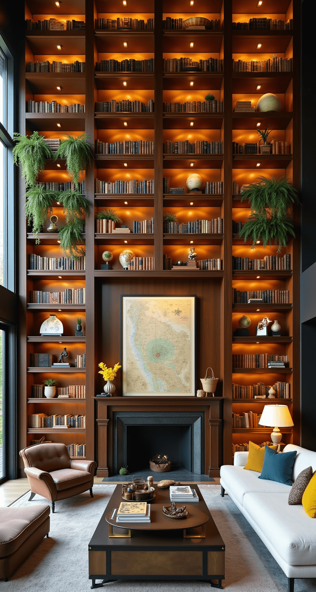 A dramatic double-height great room featuring a 16ft statement bookshelf wall, illuminated by golden hour lighting and hidden LED shelf lighting. The image captures alternating vertical and horizontal book arrangements, oversized art pieces, and global artifacts, all styled with vintage maps, cascading hanging plants, and collected curiosities. The scene showcases rich mahogany shelving, aged brass hardware, and textural baskets, set against a color palette of deep wood tones, aged paper yellows, botanical greens, and terra cotta accents.