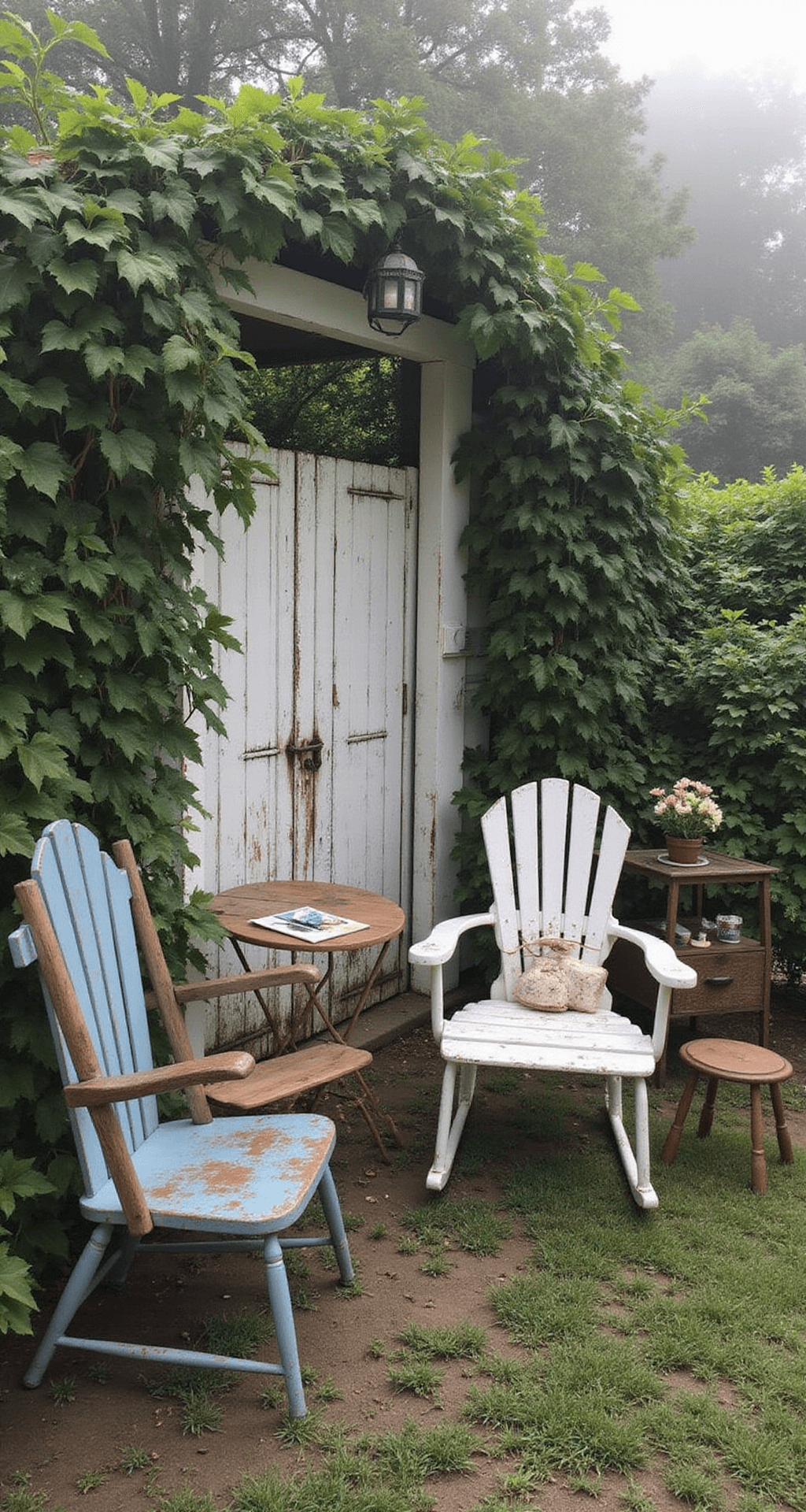 An eclectic vintage garden nook at dawn featuring a restored metal glider, mismatched painted wooden chairs, and a distressed farmhouse table, surrounded by morning glory vines on an antique gate with soft fog creating a whimsical atmosphere.