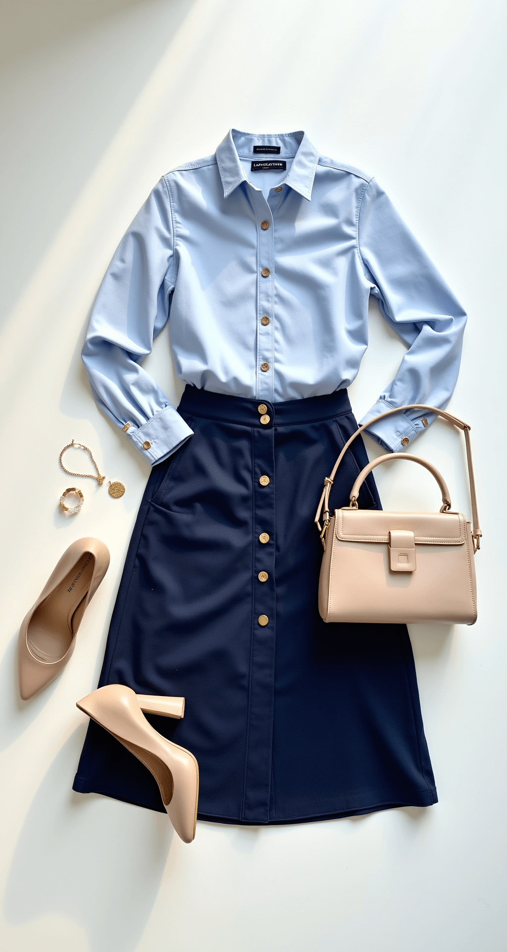 Flat lay of a complete work outfit featuring a navy midi skirt, light blue cotton blouse, nude block heel pumps, delicate gold jewelry, and a beige structured satchel, arranged on a white backdrop in bright morning light from a skylight.