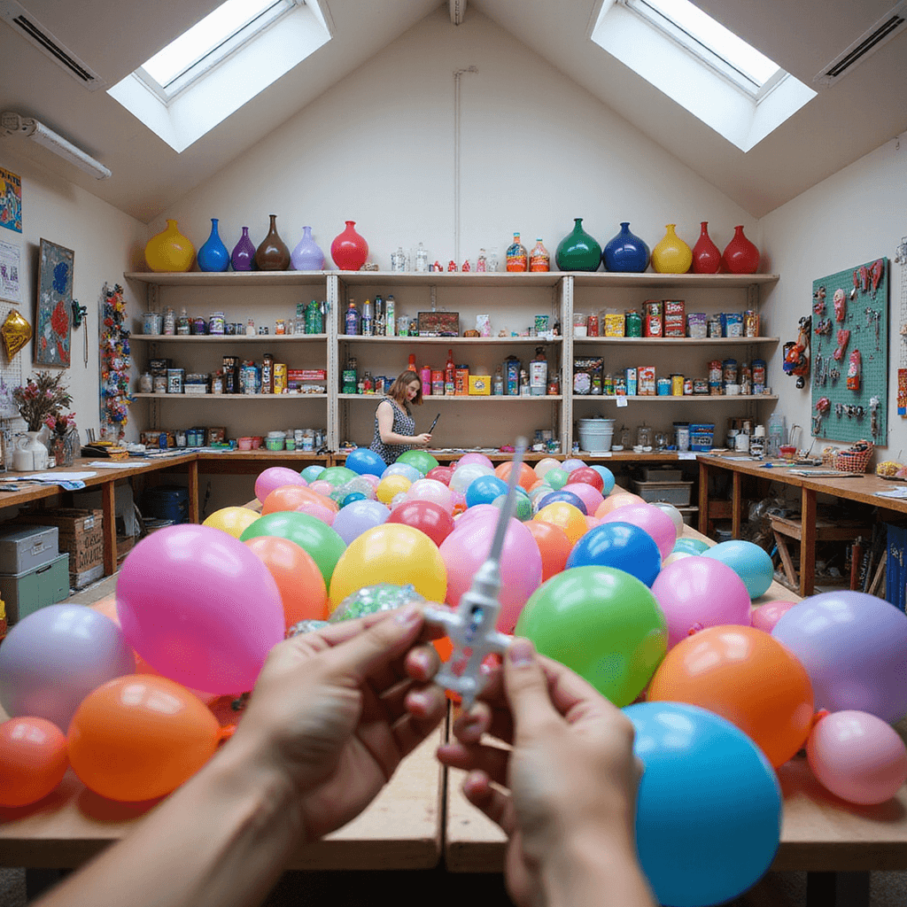 A spacious craft room filled with diffused natural light, featuring a large work table covered in balloons of various colors and sizes. In the foreground, hands are using a professional balloon tying tool. Shelves with sorted party supplies line the walls, and a pegboard displays balloon-shaping tools, viewed from an over-the-shoulder angle of the crafter.