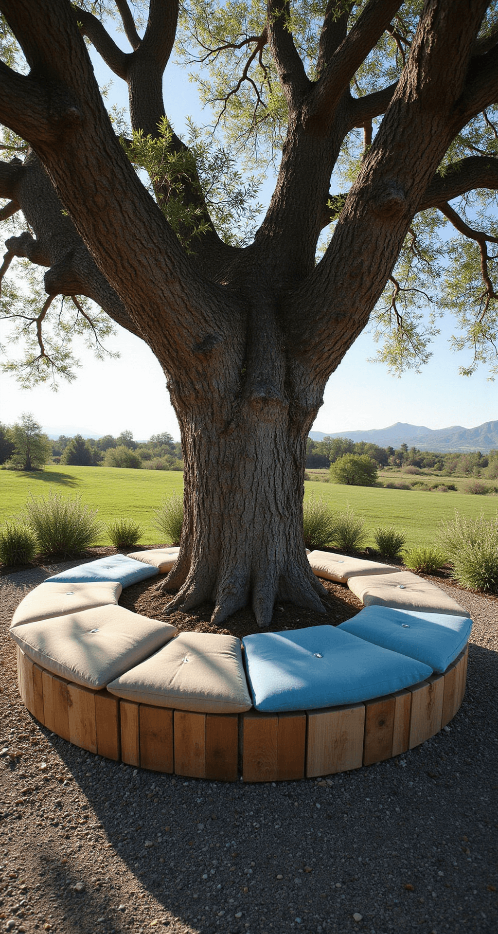 Intimate curved tree bench wrapping 180° around a mature olive tree trunk, with weathered cedar slats and integrated LED underlighting, plush cushions in oceanic blues and sandy beiges, and Mediterranean herbs bordering the circular stone base, illuminated by late afternoon light creating dramatic shadows.