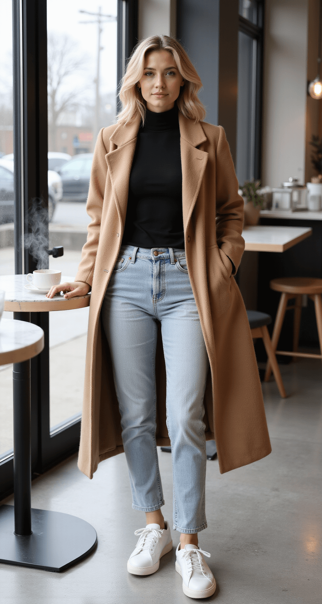 A modern café interior with large windows letting in midday light, featuring a person in a fitted black turtleneck and a camel wool coat, paired with light wash straight-leg jeans and white leather sneakers. Steam rises from a coffee cup on a marble table, highlighting a clean Scandinavian aesthetic with muted tones and natural materials. The shot is taken from a seated eye-level perspective, emphasizing outfit details.