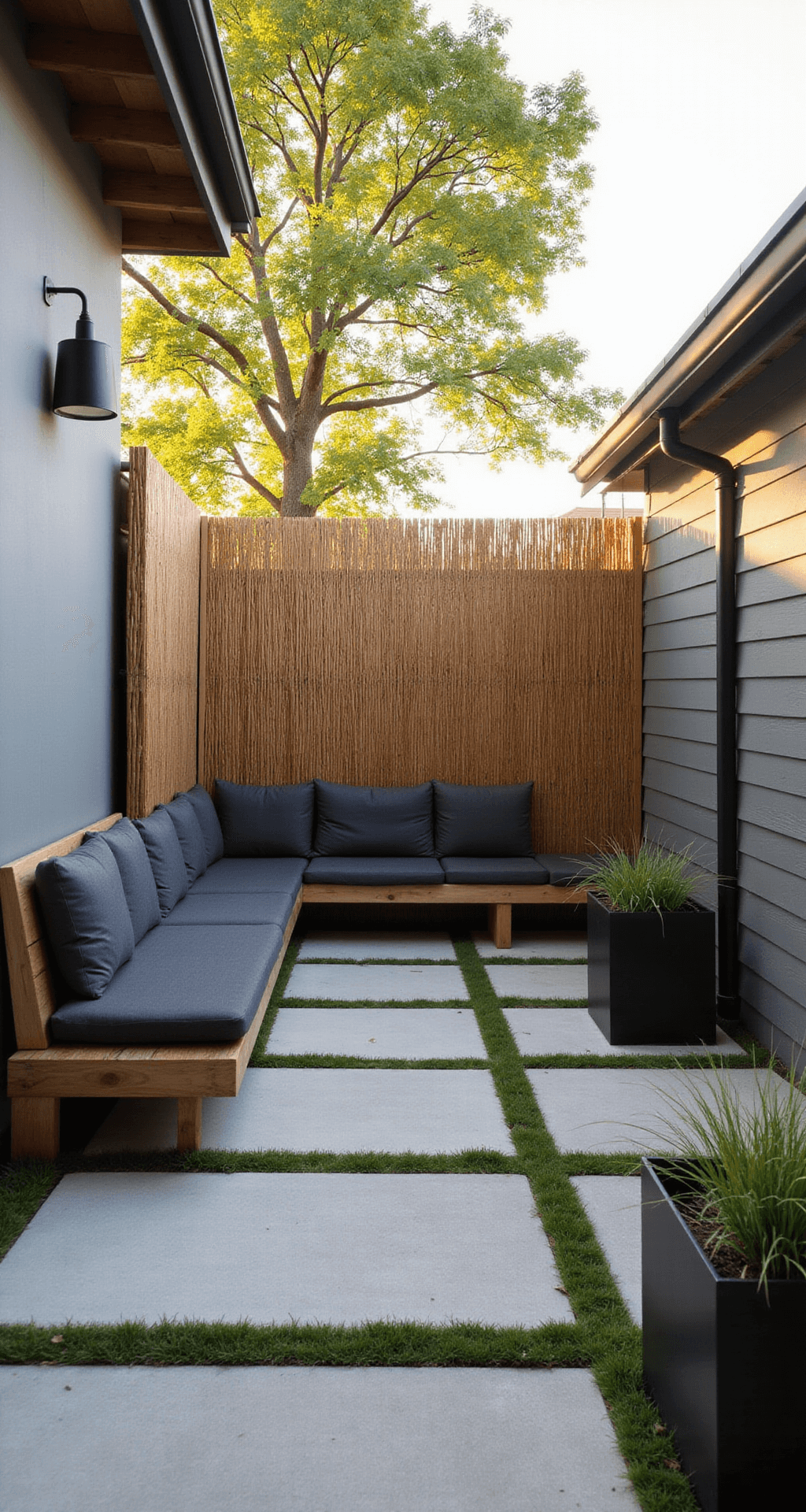 A tranquil Japandi-style patio at golden hour, featuring a weathered teak L-shaped bench with charcoal cushions, natural stone flooring, and a Japanese maple tree. The scene is framed by bamboo privacy screens, minimalist black metal lanterns, and ornamental grasses in matte black planters, creating a harmonious blend of warm grays, natural wood tones, and sage green.