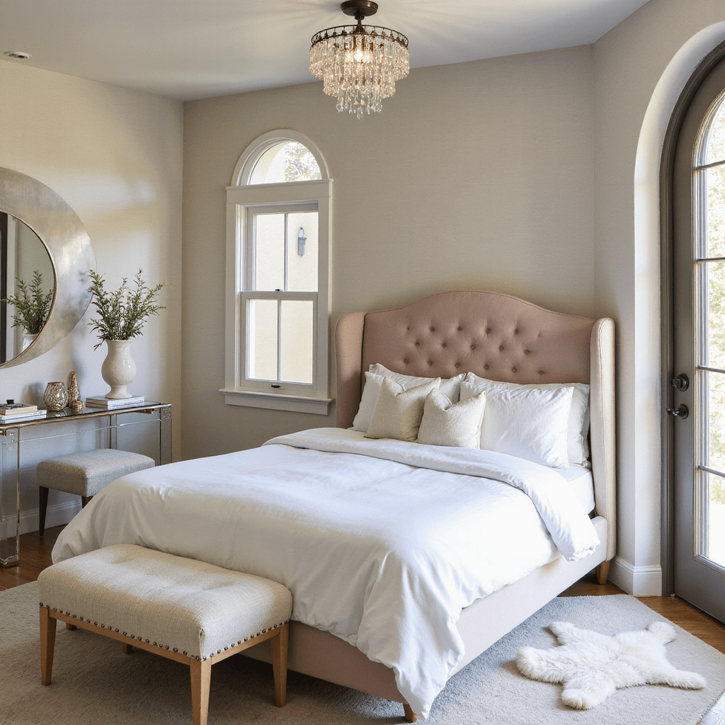 A contemporary feminine haven featuring an arched doorway, round mirror, and barrel chair, illuminated by diffused afternoon light. A bed with a cloud-like white duvet and blush velvet headboard sits against textured pearl grasscloth wallpaper, while a crystal chandelier sparkles above. A Lucite console serves as a vanity, adorned with sculptural objects and fresh flowers, complemented by a soft sheepskin rug on the floor.