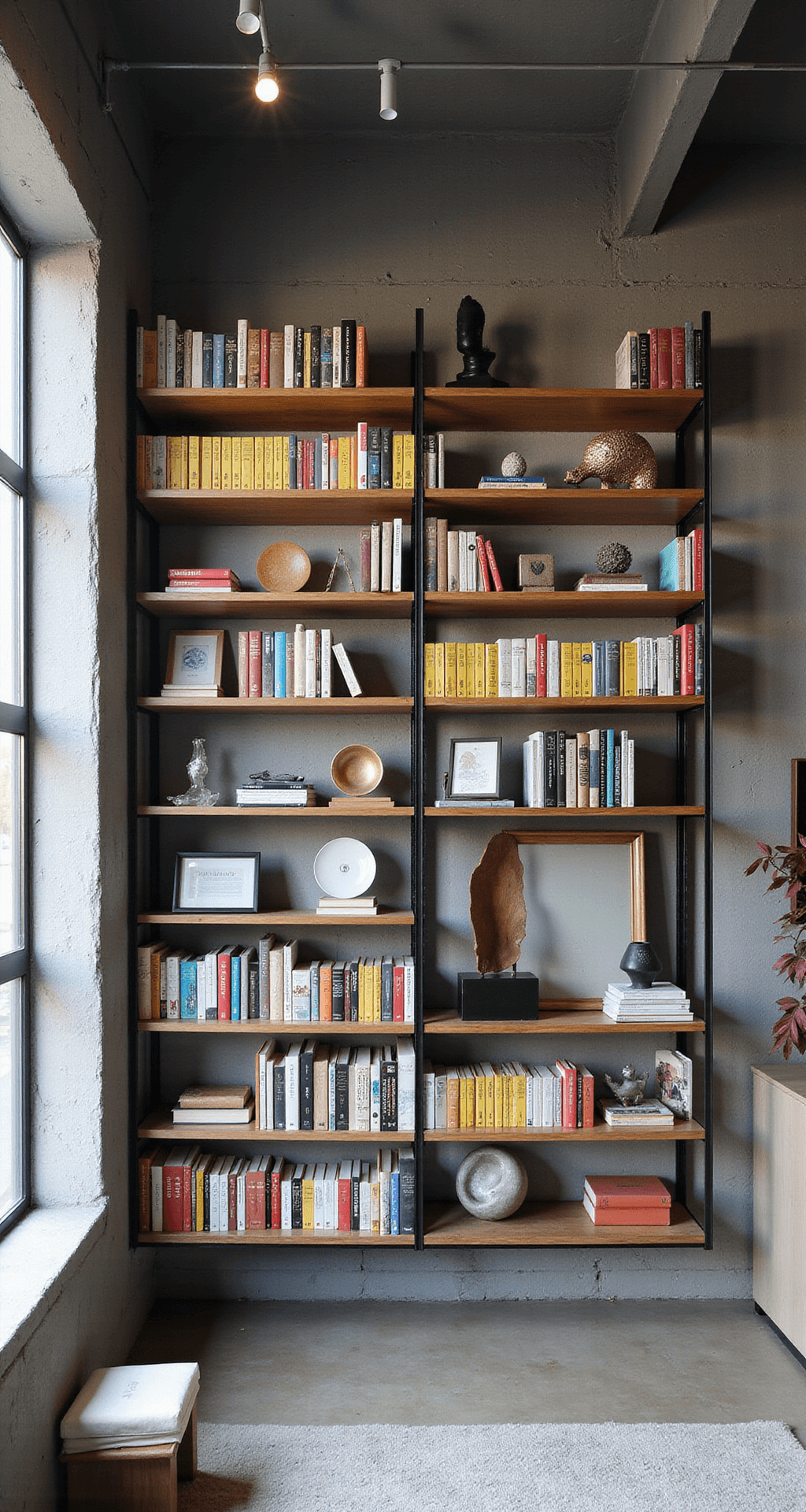 Contemporary loft-style interior featuring a floating bookshelf installation, showcasing an asymmetrical arrangement of color-blocked books and modern sculptures, illuminated by natural light and track lighting, against a backdrop of blackened steel and polished concrete.