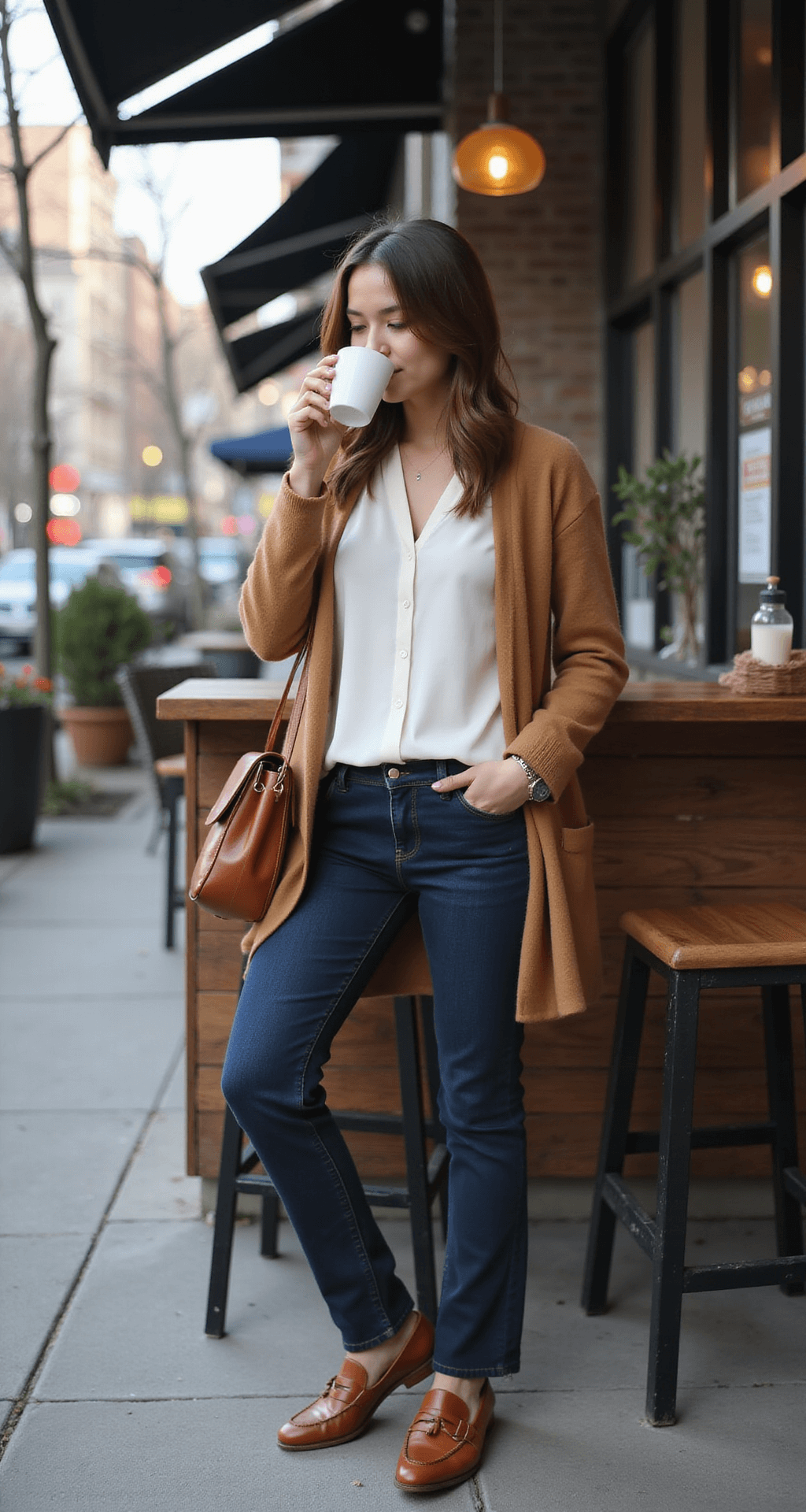 A professional woman in a camel cardigan and white silk blouse works on her laptop at an urban cafe, sipping coffee. She wears dark wash straight-leg jeans and cognac leather loafers, with a leather portfolio and elegant watch visible. The scene is bathed in early morning light, viewed from a slight elevation.