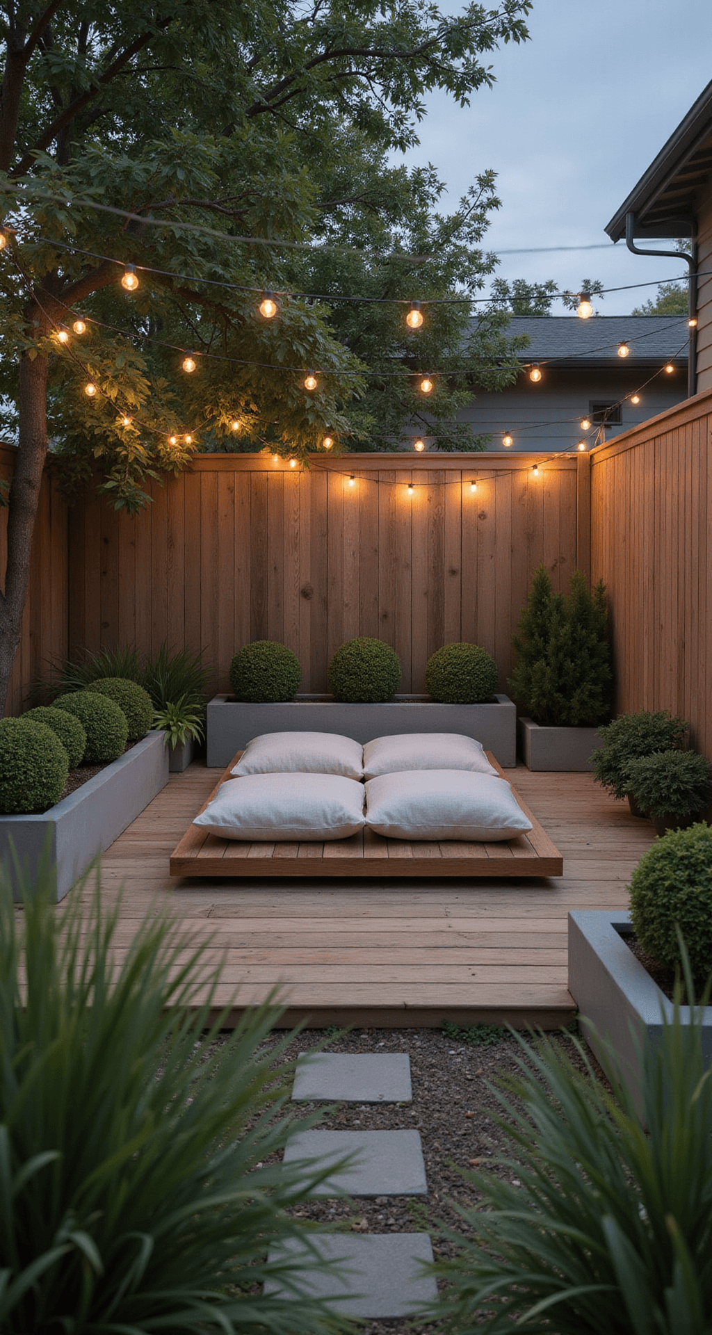 Intimate Japandi-inspired patio nook at dusk featuring a floating wooden platform with oatmeal linen zabuton cushions, surrounded by boxwood spheres in concrete planters and adorned with delicate string lights overhead. The scene includes bleached cedar decking, smooth river stones, and brushed metal accents, all in muted earth tones with deep green touches, viewed through ornamental grasses for added foreground depth.