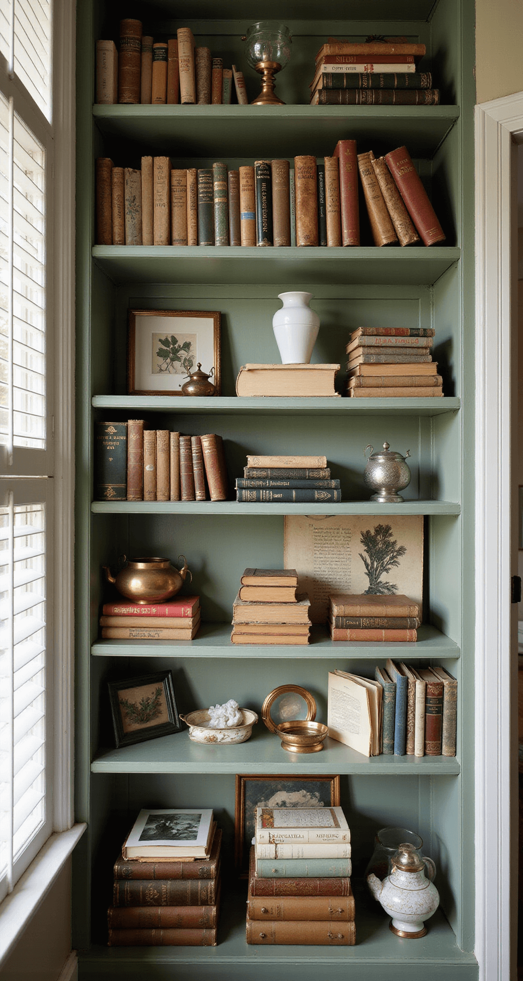 Cozy reading nook in an 8x10ft bedroom alcove, featuring a floor-to-ceiling bookshelf filled with vintage books, antique curiosities, and family photos. Soft afternoon light filters through plantation shutters, casting striped shadows. The shelf includes a vintage brass magnifying glass, small framed botanicals, and delicate porcelain objects, all set against sage green shelves and a color palette of faded book spines, antique gold, and creamy whites.