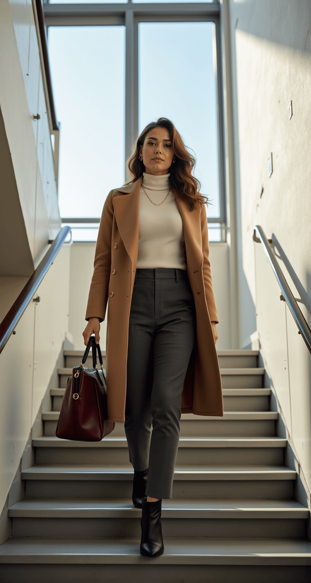 A professional woman in a camel wool coat ascends modernist office stairs, illuminated by morning light through large windows. She wears a fitted cream turtleneck and tailored charcoal trousers, complemented by black leather ankle boots and a structured burgundy tote. The image, captured from a low angle, emphasizes architectural lines and natural shadows.