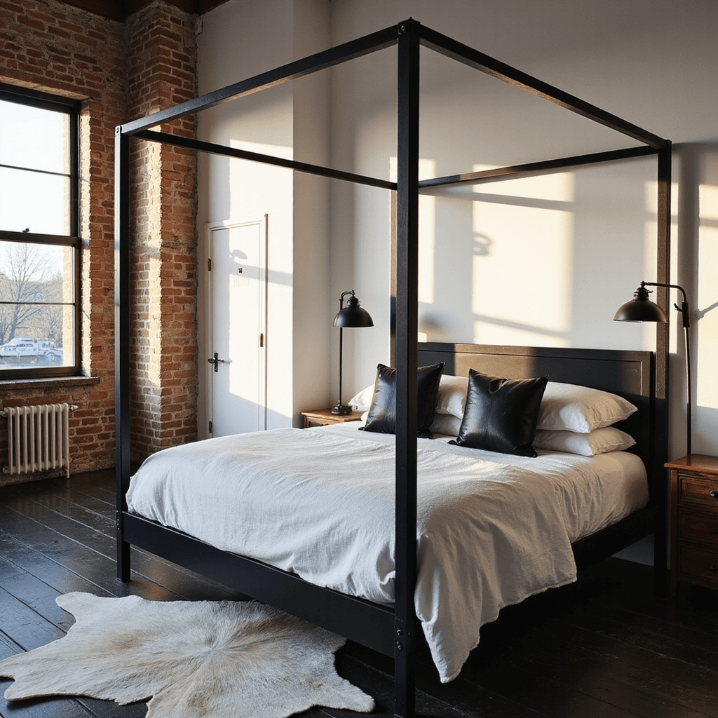 Corner view of a loft-style bedroom featuring exposed white-painted brick walls and 12ft ceilings, illuminated by warm late afternoon light. The focal point is a black metal canopy bed dressed in white Belgian linen and accented with black leather pillows. A vintage industrial floor lamp in matte black stands beside the bed, on distressed black wood flooring topped with a white cowhide rug. The camera angle captures dramatic shadows and emphasized textures in an industrial modern style with vintage touches.