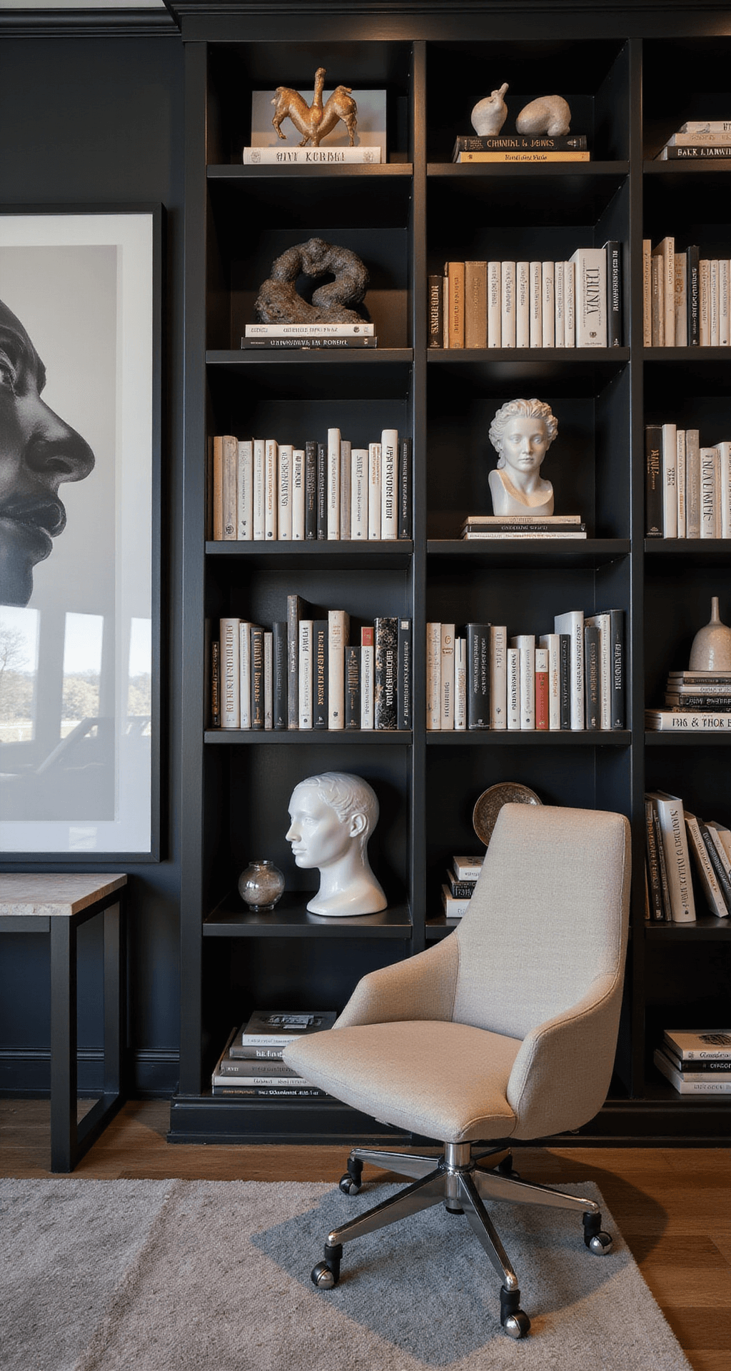 A wide-angle view of a modern home office featuring a gallery-style bookcase with matte black metal shelving, arranged with monochromatic books, large-scale black and white photography, and modernist sculptures; dramatic evening lighting highlights the carefully curated collections, complemented by a color palette of stark blacks, bright whites, warm grays, and a bold color accent.