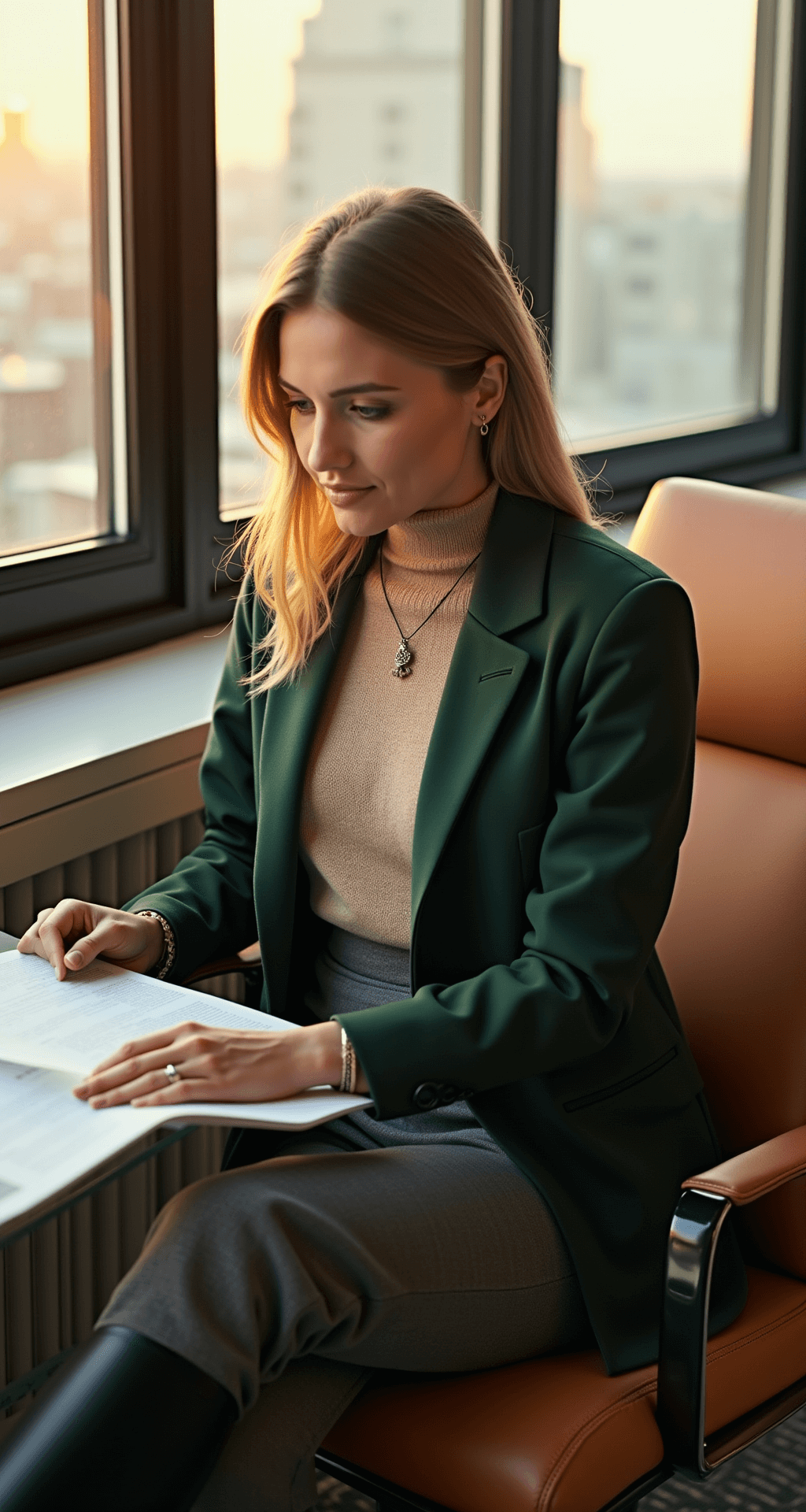 A woman in a forest green wool blazer and beige merino sweater reviews documents at a glass desk in a corner office during golden hour, with city views through the windows and a leather chair visible.