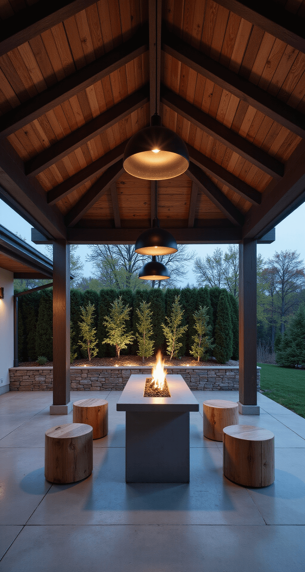 A serene Japandi patio sanctuary at twilight, featuring a custom concrete fire table surrounded by minimalist wooden stools, with black metal pendant lights casting warm pools of light. The space showcases an exposed wooden beam ceiling and a vertical garden wall, with a color palette of cool grays, deep browns, and midnight blue accents.