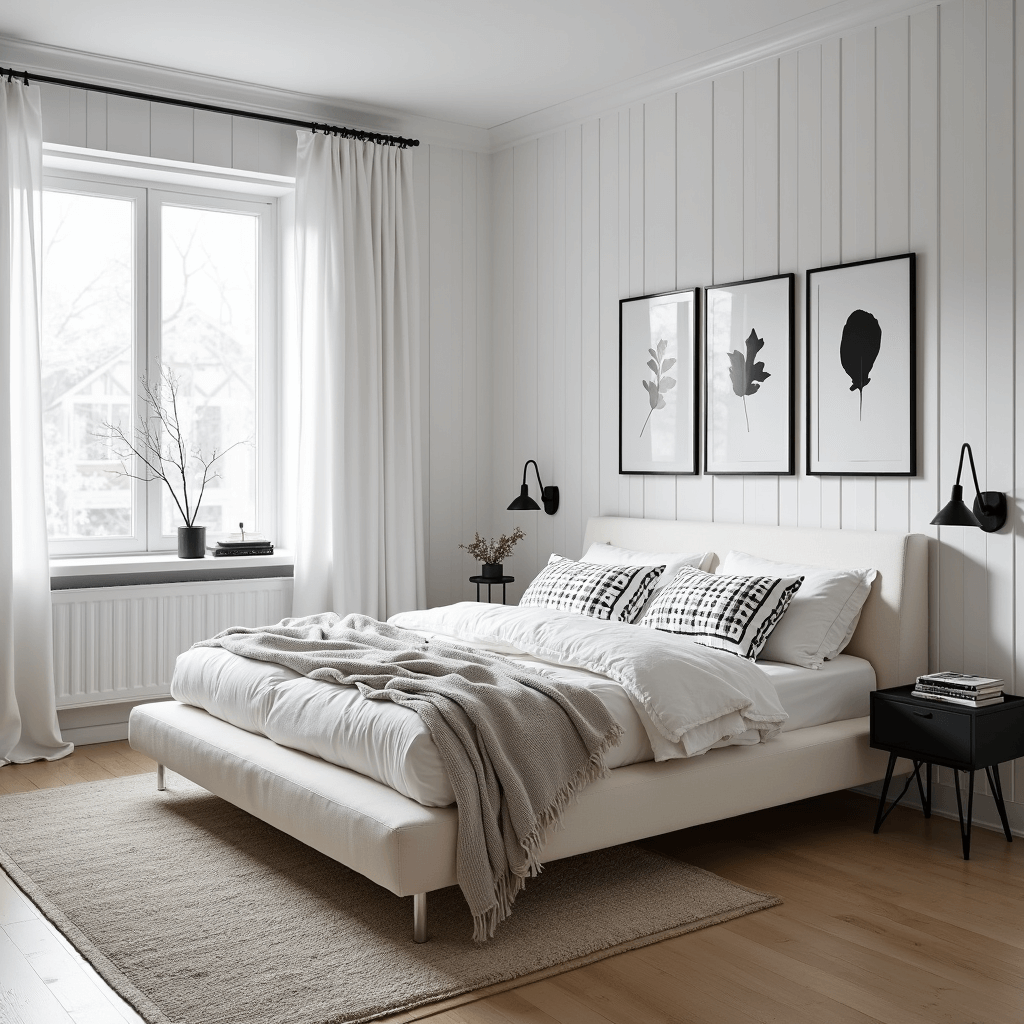 Bright Scandinavian bedroom featuring white shiplap walls, light oak flooring, and flooded with diffused midday light through sheer curtains. The low-profile white upholstered bed is adorned with black and white block print bedding, complemented by minimal black metal sconces and floating nightstands. Layered white textiles with varying weaves and a black and white photography gallery wall enhance the Nordic minimalism aesthetic. The image captures the full room layout from a high angle, showcasing bright, even lighting with soft shadows.