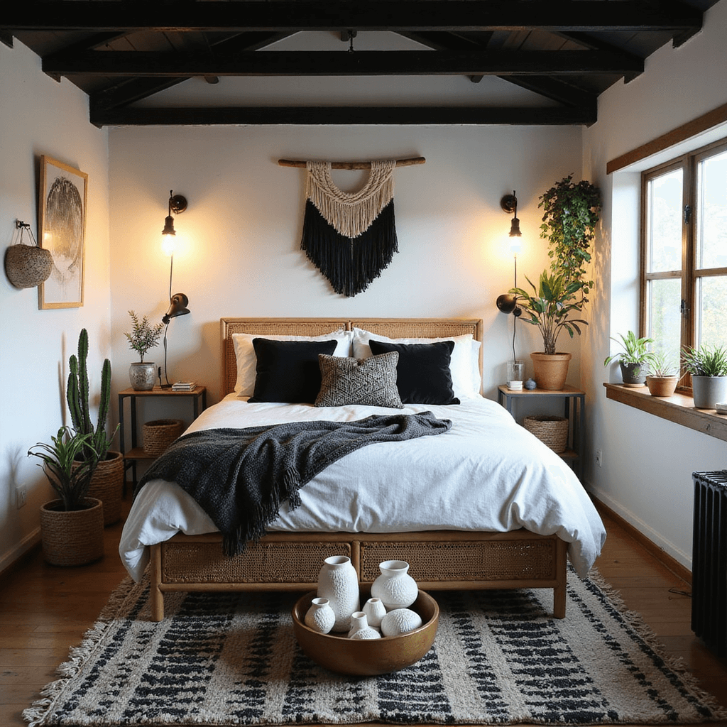 Cozy 10x12ft bedroom with white walls, black ceiling beams, dusk lighting from warm table lamps, featuring a white rattan bed adorned with black mudcloth pillows, a macramé wall hanging, layered vintage rugs, potted plants, and brass accents, captured at eye level with a moody ambiance.