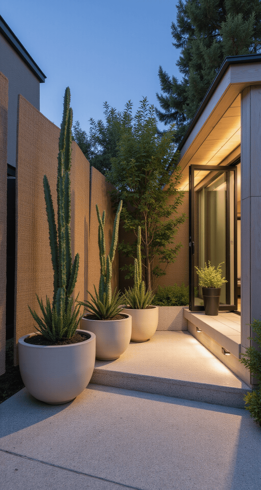 Intimate Japandi meditation space during blue hour, featuring built-in wooden platform seating, oversized ceramic planters with snake plants, and subtle uplighting from under-bench LED strips. The design incorporates whitewashed wood, honed granite, and woven bamboo screens, with a color palette of light oak, pale gray, and deep green, emphasizing diagonal lines and layered textures.