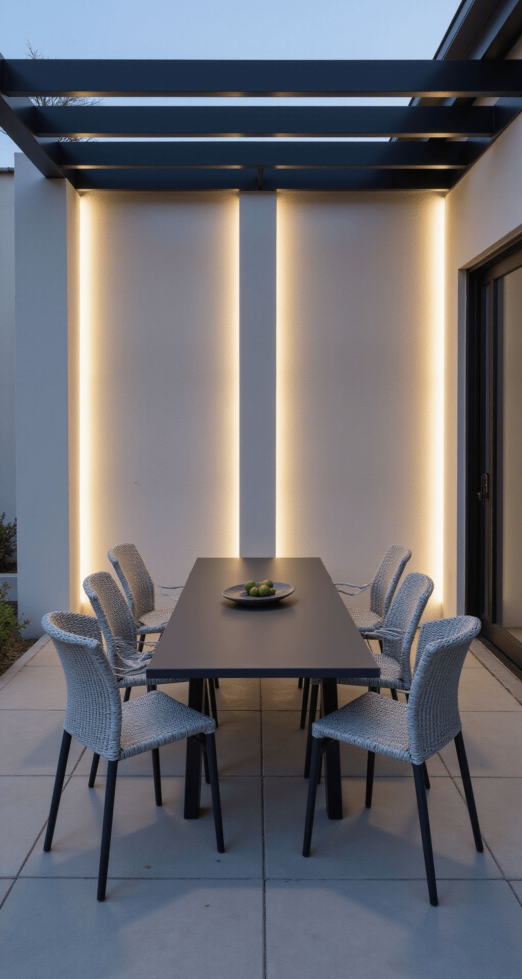 An intimate outdoor dining area featuring a sleek 6-seater aluminum table with a glass top, surrounded by slim light grey woven chairs. The space is defined by a pergola casting shadows, set against a smooth stucco wall with integrated LED strips, creating a mood of refined simplicity at early evening.