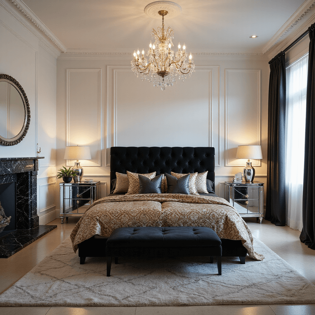 Elegant art deco master suite featuring white paneled walls, black marble fireplace, and a grand tufted black velvet headboard, illuminated by evening lighting and a crystal chandelier. The room showcases silk bedding with geometric patterns, mirror-topped nightstands, chrome lighting fixtures, and black lacquered furniture, captured from an elevated angle to emphasize symmetry and dramatic accent lighting.