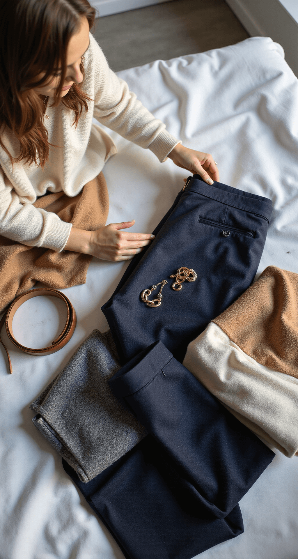 Overhead shot of a modern apartment bedroom in early morning light, featuring a woman arranging a weekly capsule wardrobe with navy and charcoal wool trousers, cream silk blouses, and camel cashmere sweaters on a marble surface, complemented by a structured leather belt and minimal gold jewelry, accentuating the textures and fabric quality.
