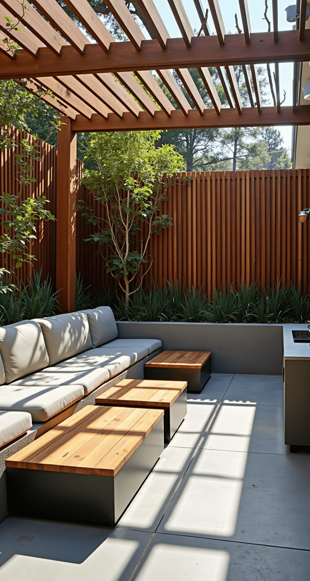 A wide-angle view of a linear Japandi-inspired patio space featuring slatted wooden screens that divide a 25x12ft area. The patio showcases weathered teak modular low seating and a minimalist outdoor kitchen made from concrete and steel. Integrated planter boxes with trailing grasses provide natural divisions, while dramatic shadows from an overhead pergola enhance the scene. The color palette includes warm taupe, charcoal, and silver-green, with materials of raw concrete, aged wood, and brushed metal.