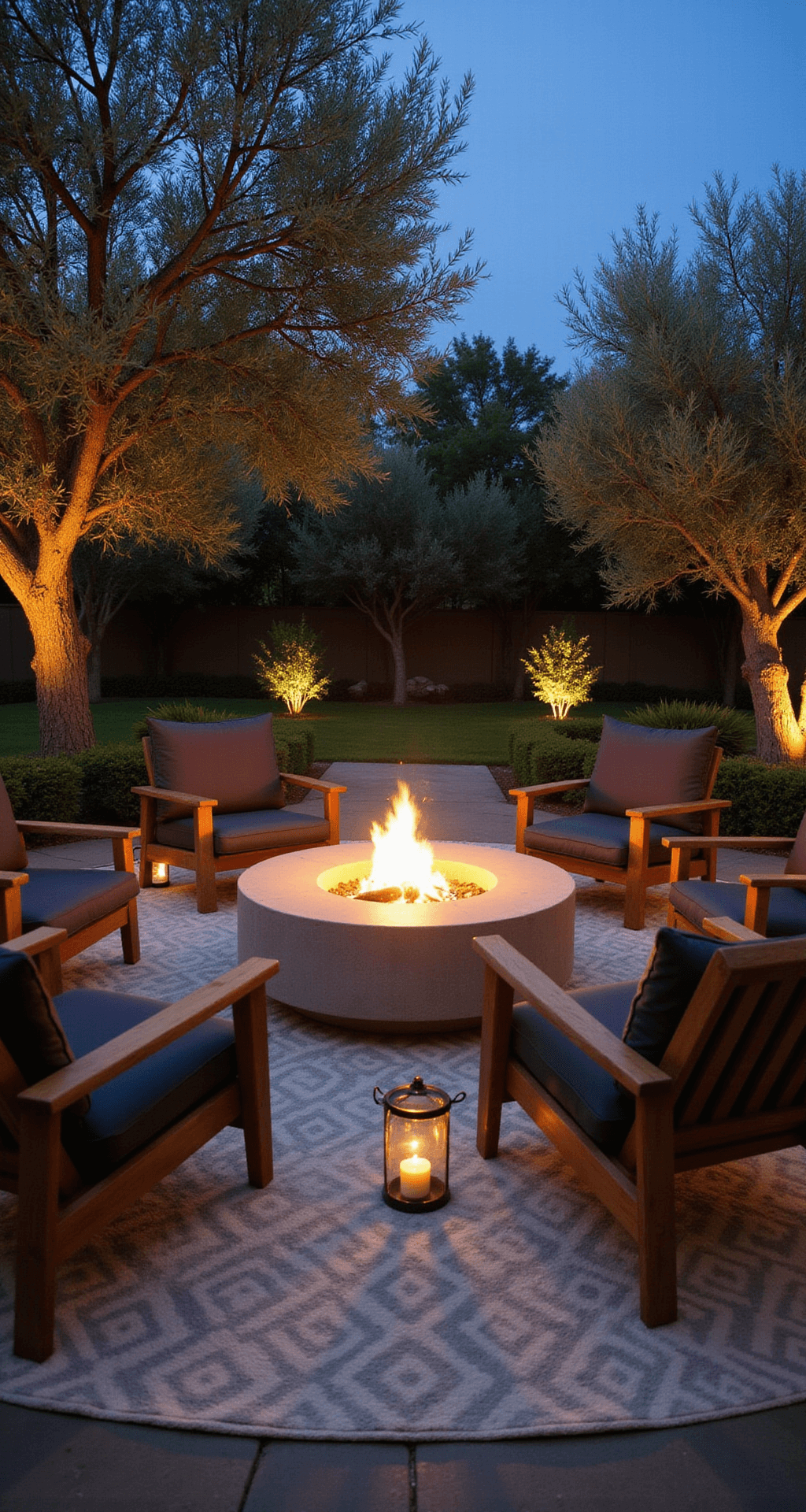 Low-angle view of an intimate twilight fire pit lounge featuring a modern concrete fire pit surrounded by four low-slung teak chairs with charcoal cushions, set on a geometric ivory and grey rug, illuminated by copper lanterns and uplighting on surrounding olive trees, capturing reflections of the flames.